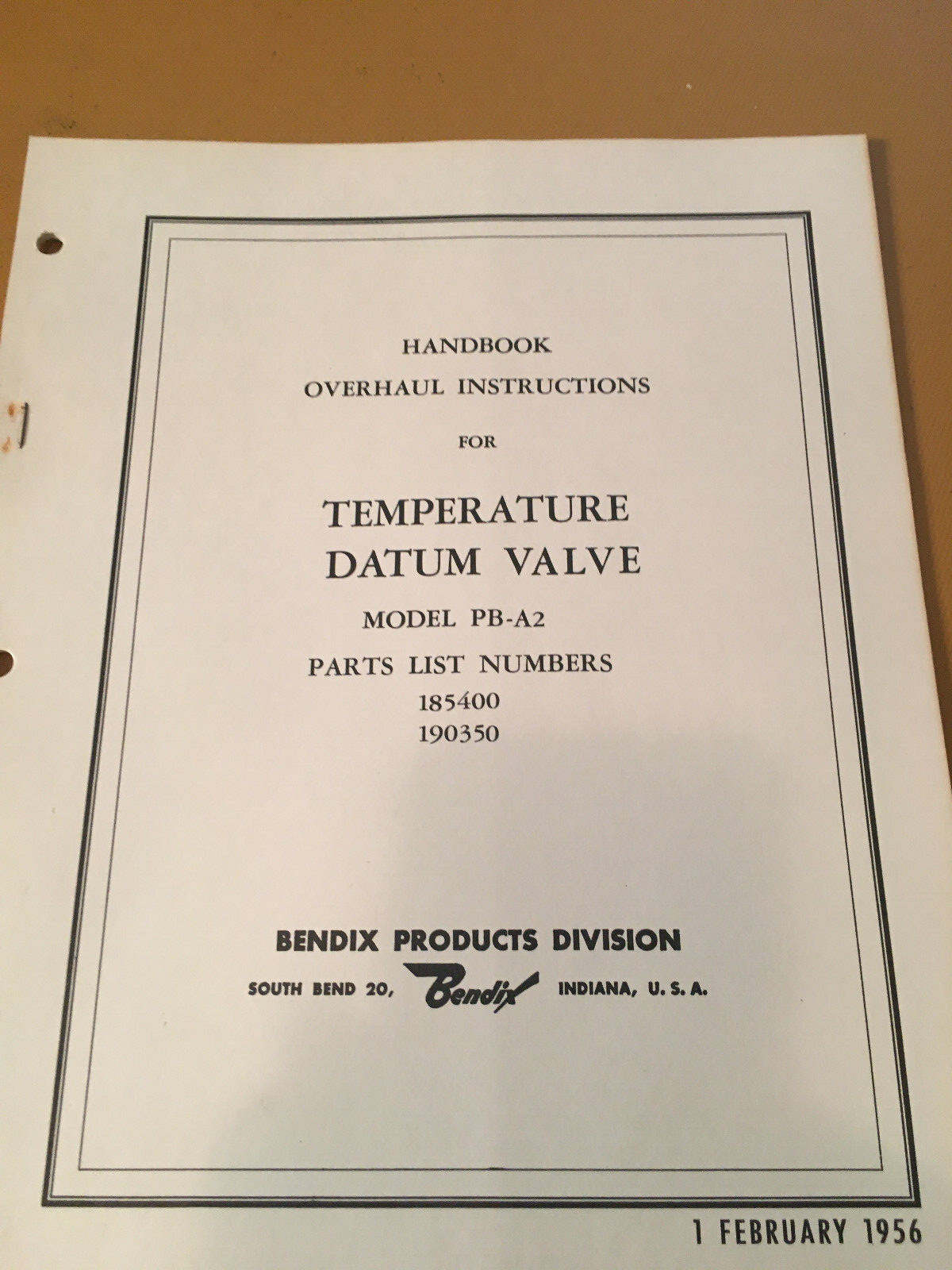 Bendix Temperature Datum Valve PB-A2 Overhaul Manual