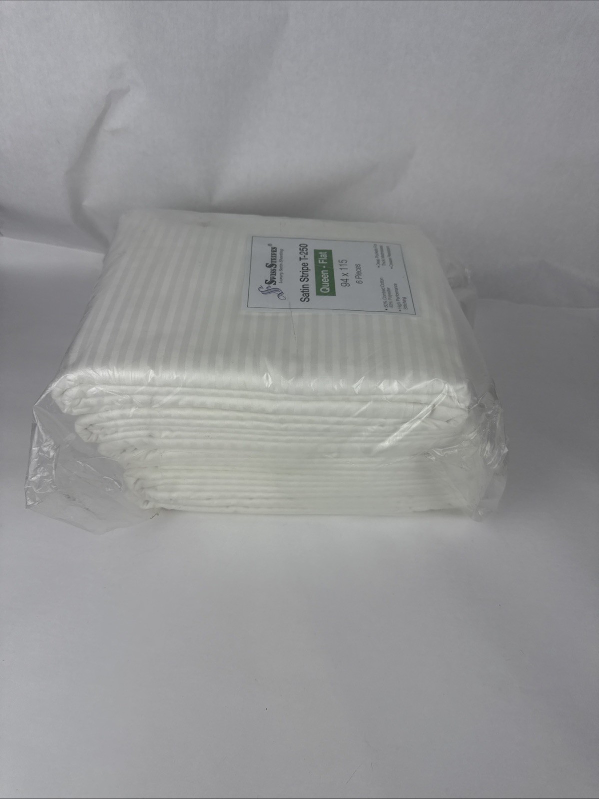 Satin Stripe T-250 Queen Deep Pockets Flat Sheets 94"×115", 6 Pack, White