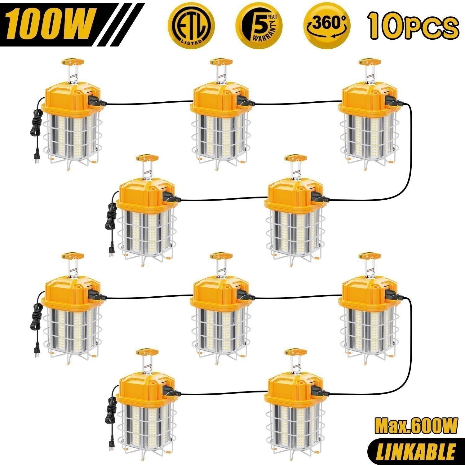 10X100W LED Temporary Construction Light 5000K Tunnel Job Site Lighting Linkable