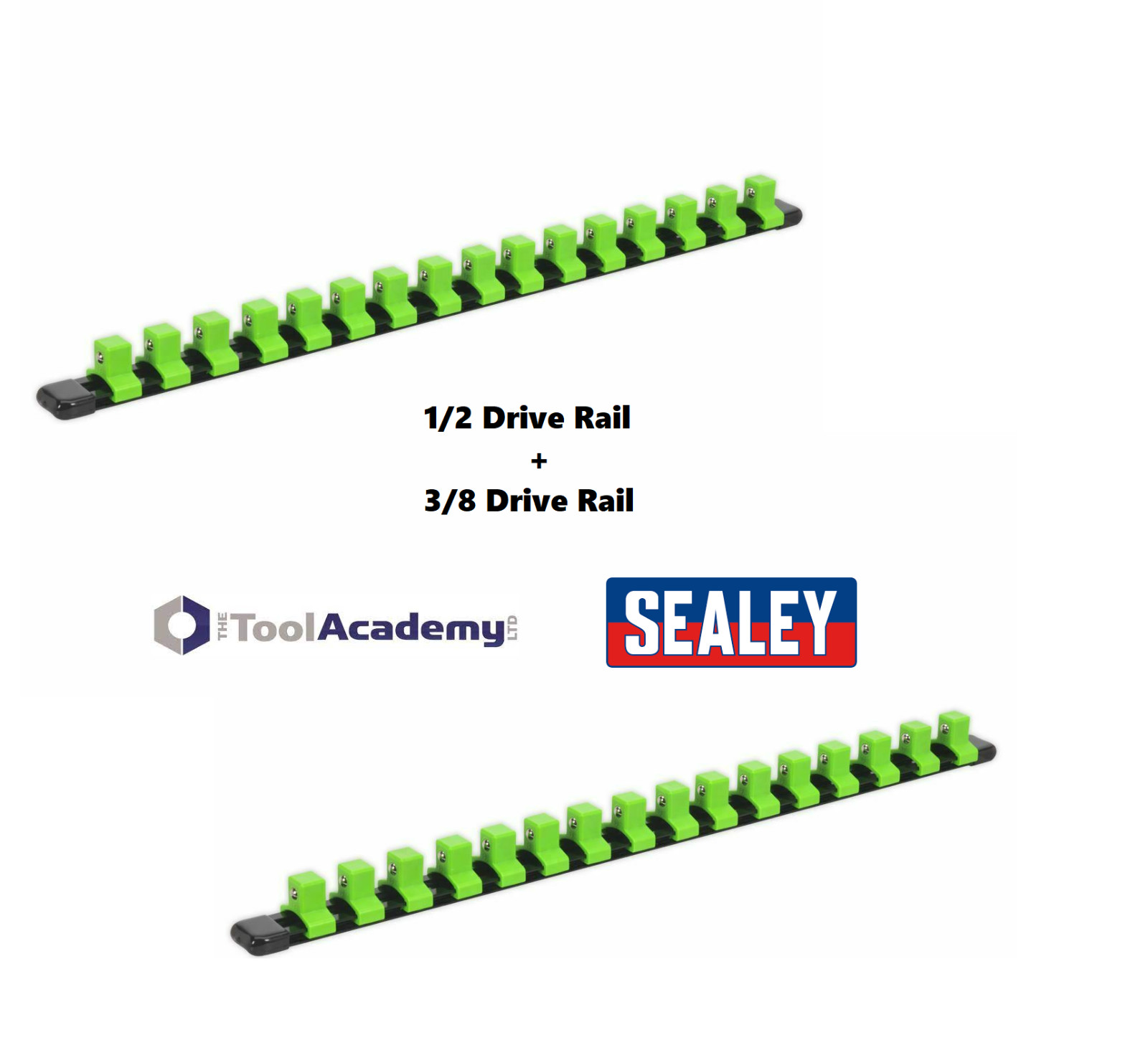 Sealey 2 x Socket Retaining Rail 16 Clips 1/2 + 3/8 Drive Black Hi Vis Green