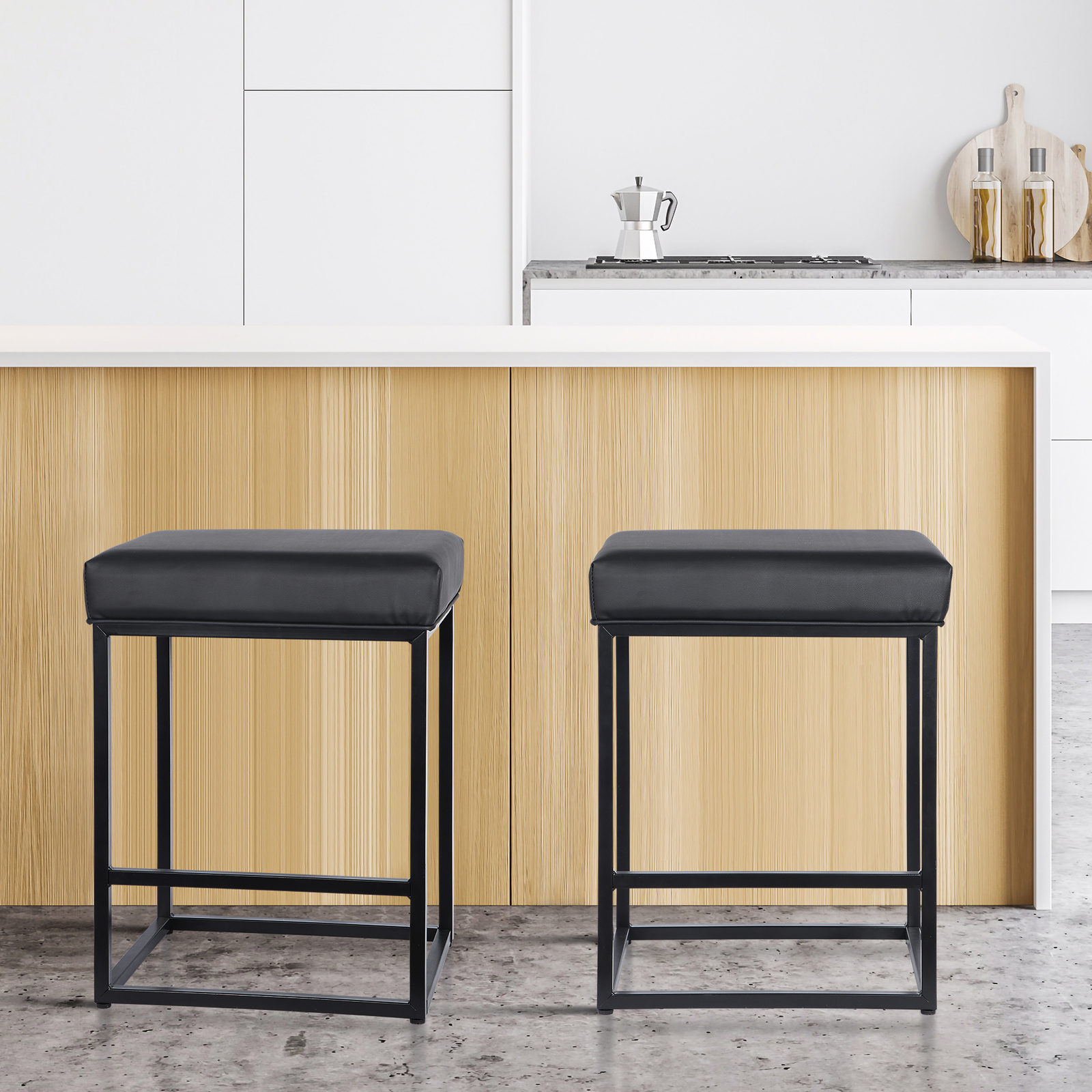 2PCS Black Backless Bar Stools PU Leather Stools Sturdy 330LBS Capacity Home
