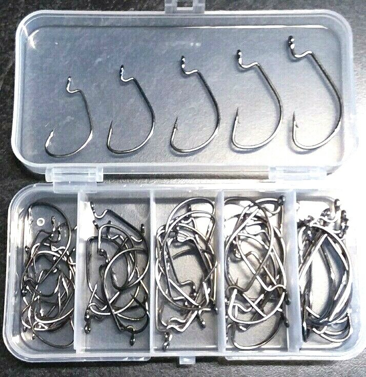 50ct Black Nickel EWG WIDE GAP WORM HOOKS 3/0 2/0 1/0 1 2 Assorted 10 ea. w/box!