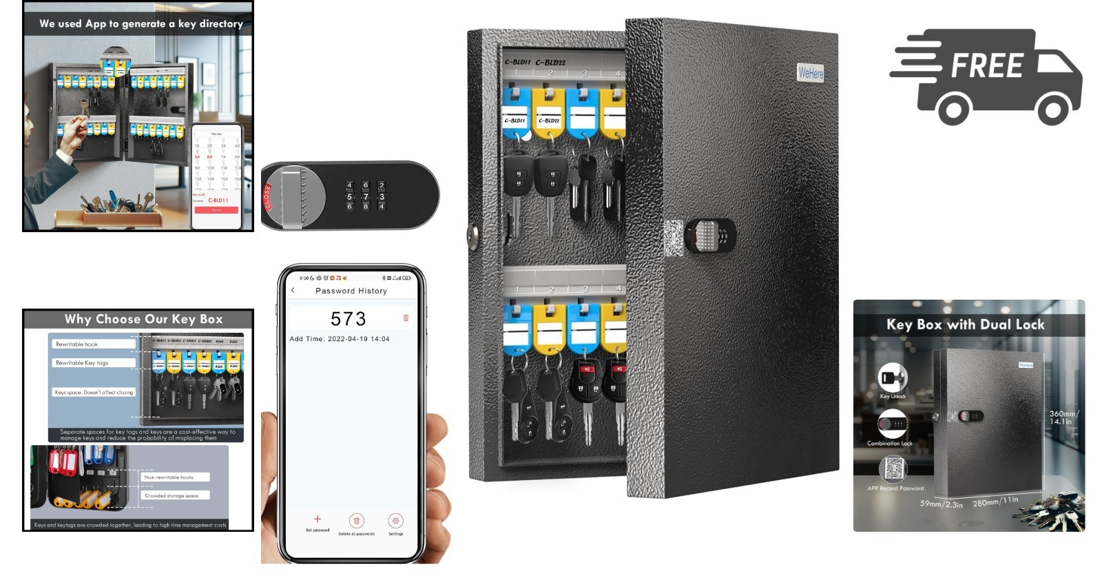 Key Lock Box with Dual Lock 32 Key Cabinet Wall Mount Lockable Secure Storage