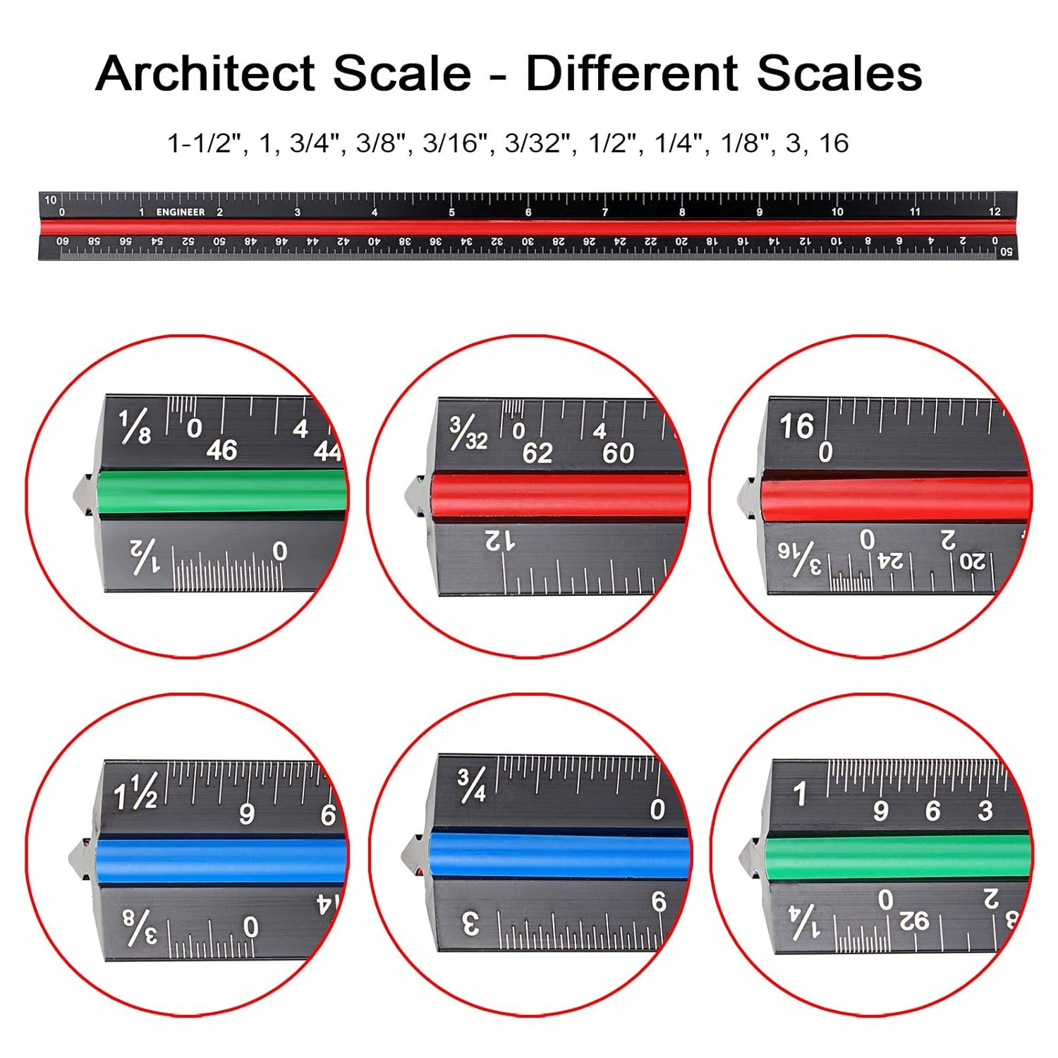 OwnMy 3 Pack 12 Inch Solid Aluminum Triangular Architect Black, Green, Red