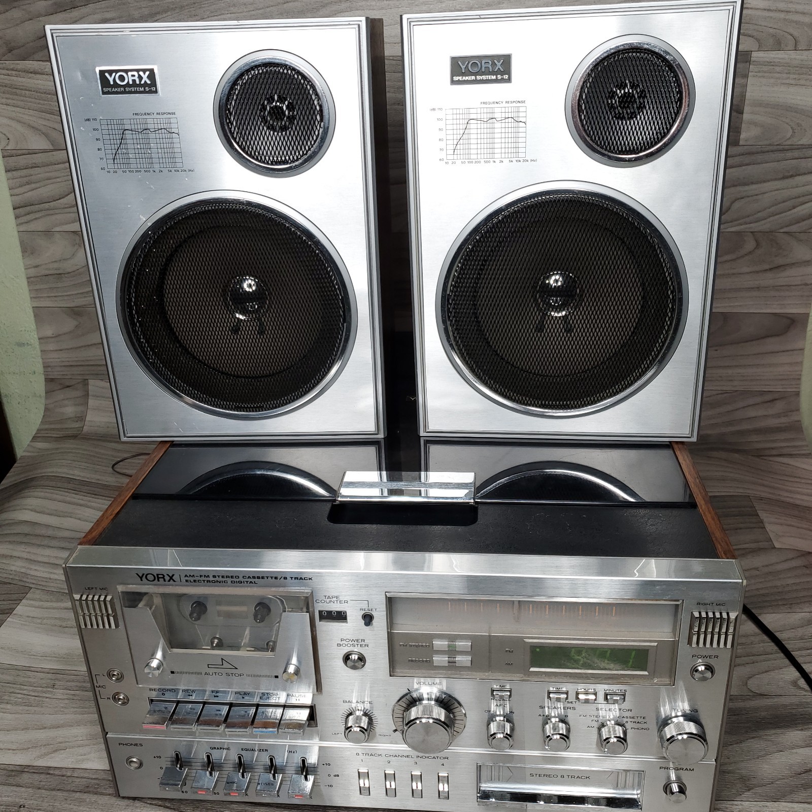 YORX Model M2681 Stereo Cassette /8 Track Receiver W/ S-12 Speakers For Repair