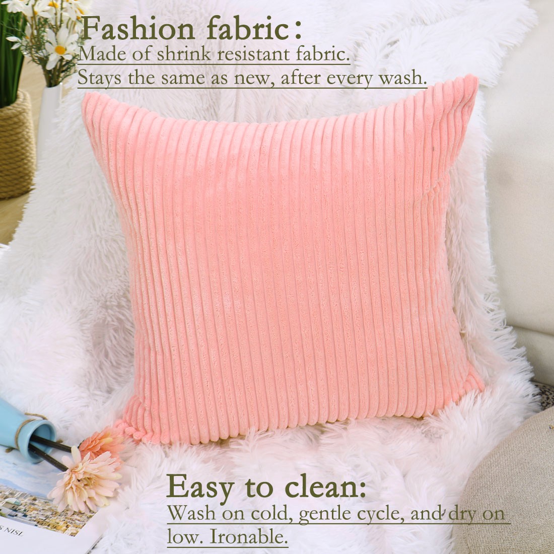 Square Throw Cushion Covers Pillowcase 18x18 Inch Pink w Zipper Set of 2