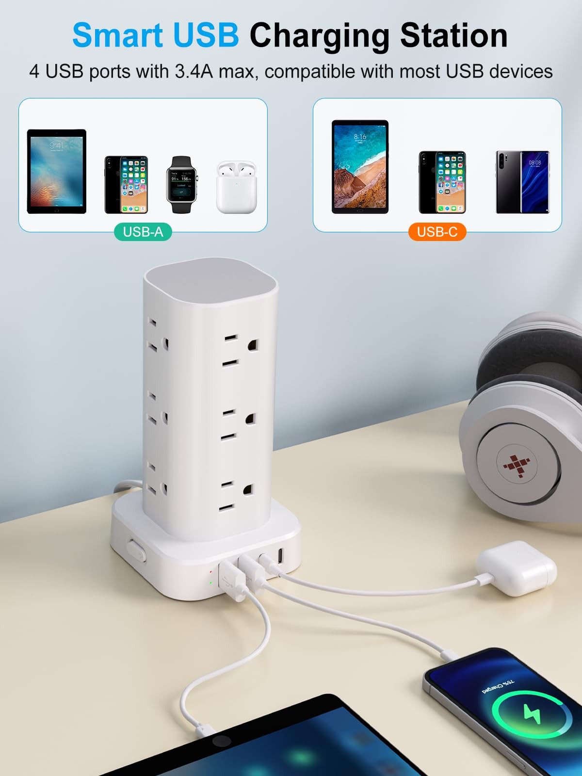 Power Strip Tower with Multiple Outlets, 6FT without Wireless Charging, White