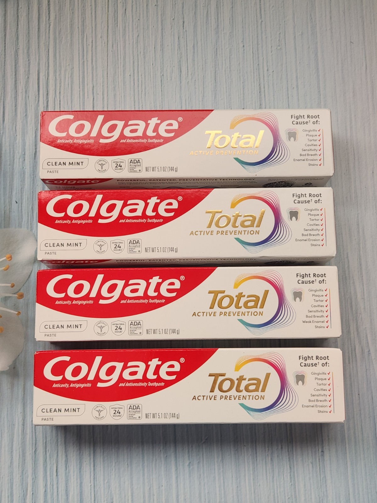 4× Colgate Total Active Prevention Clean Mint Toothpaste, 5.1 oz, Exp: 02-2027