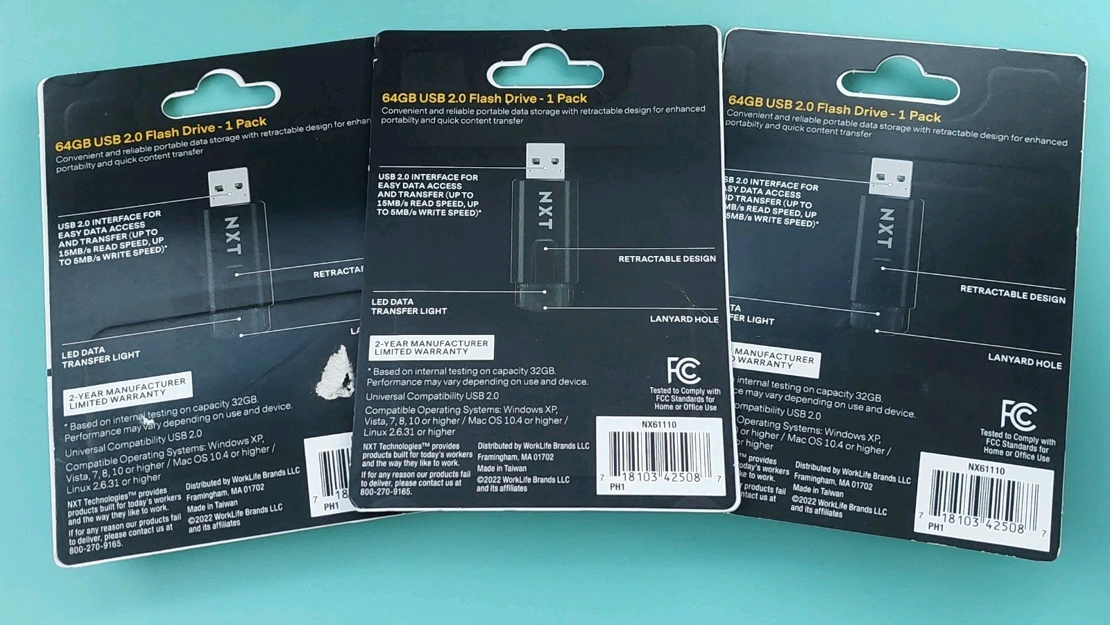 Genuine 3 Pack NXT Technologies 64GB USB 2.0 Type-A Flash Drives Black NX61110