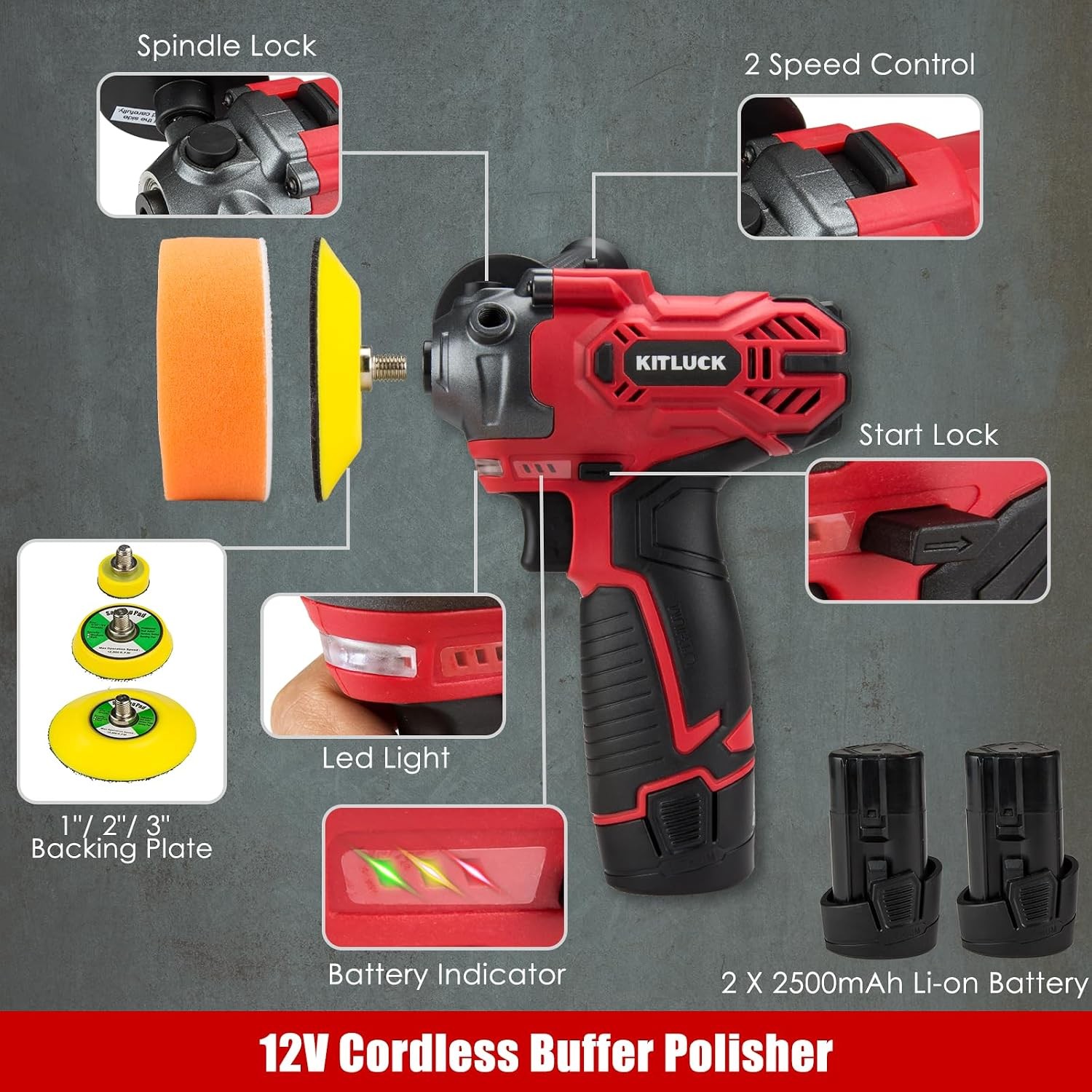 Cordless Buffer Polisher, 12V Mini Wax Buffer & Sander with 2 X 2.5Ah Battery