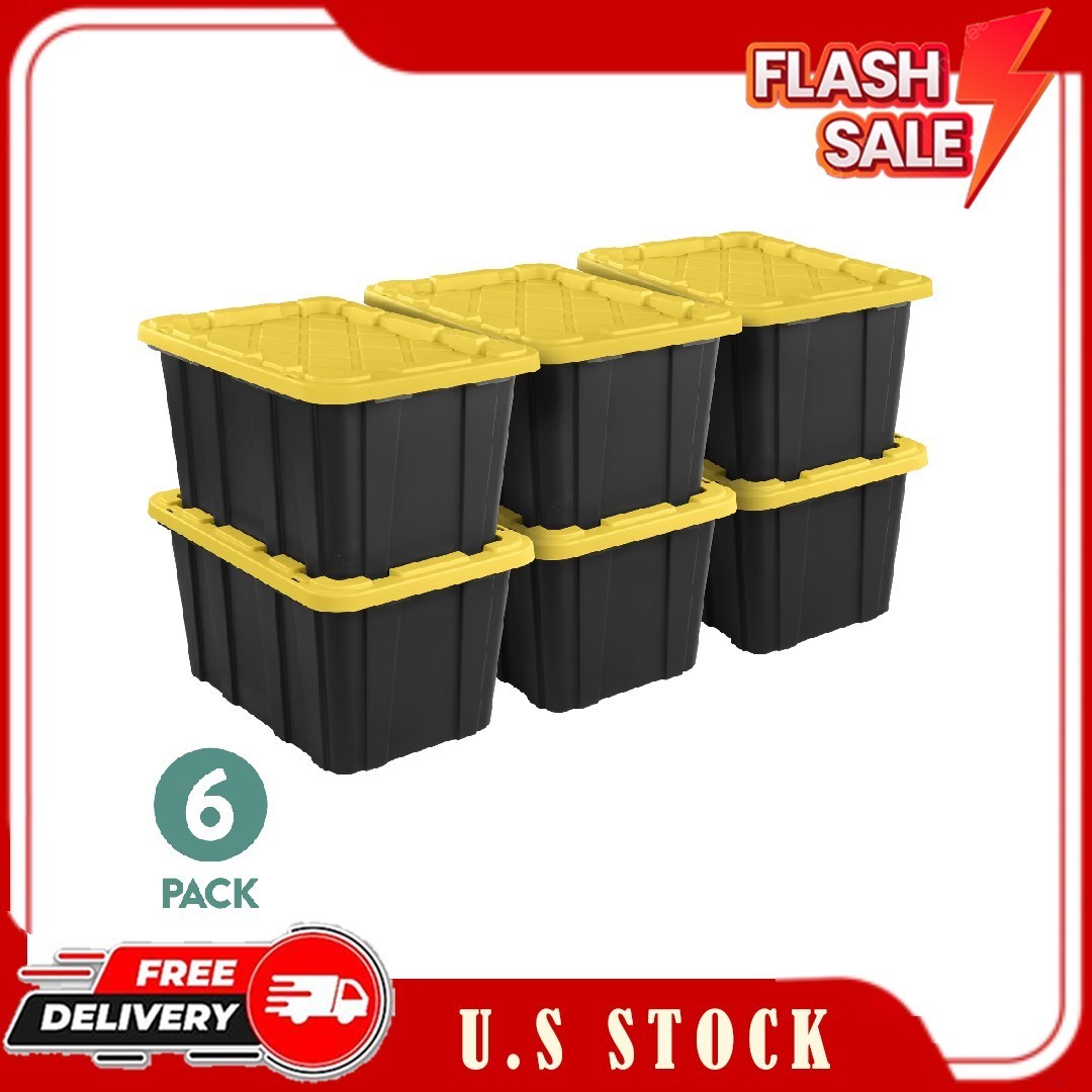 New 27 Gallon Plastic Storage Tote with Snap-On Lid Black Yellow 6 Pack