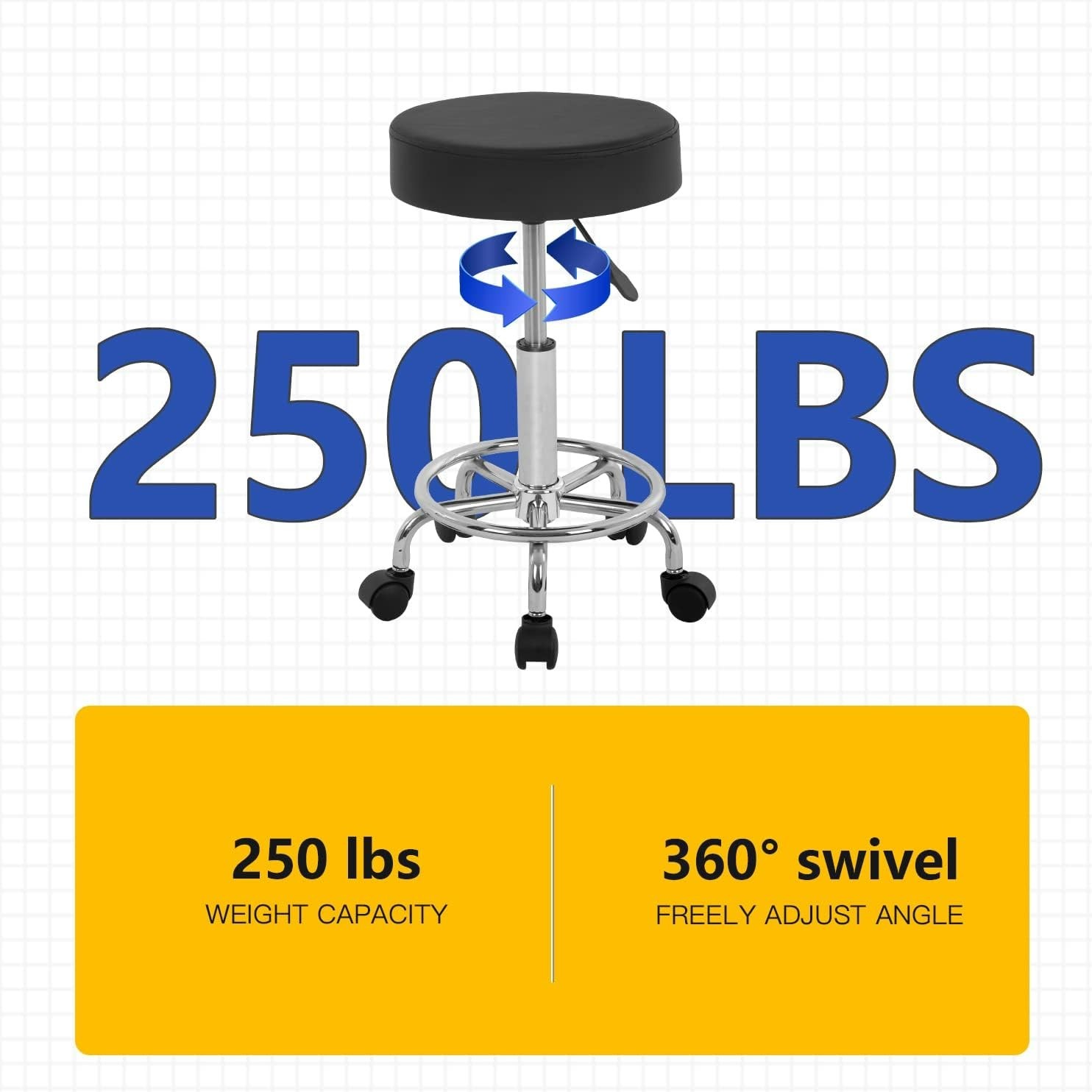 Round Rolling Stool with Adjustable Height and Wheels PU Cushion for Massage Spa