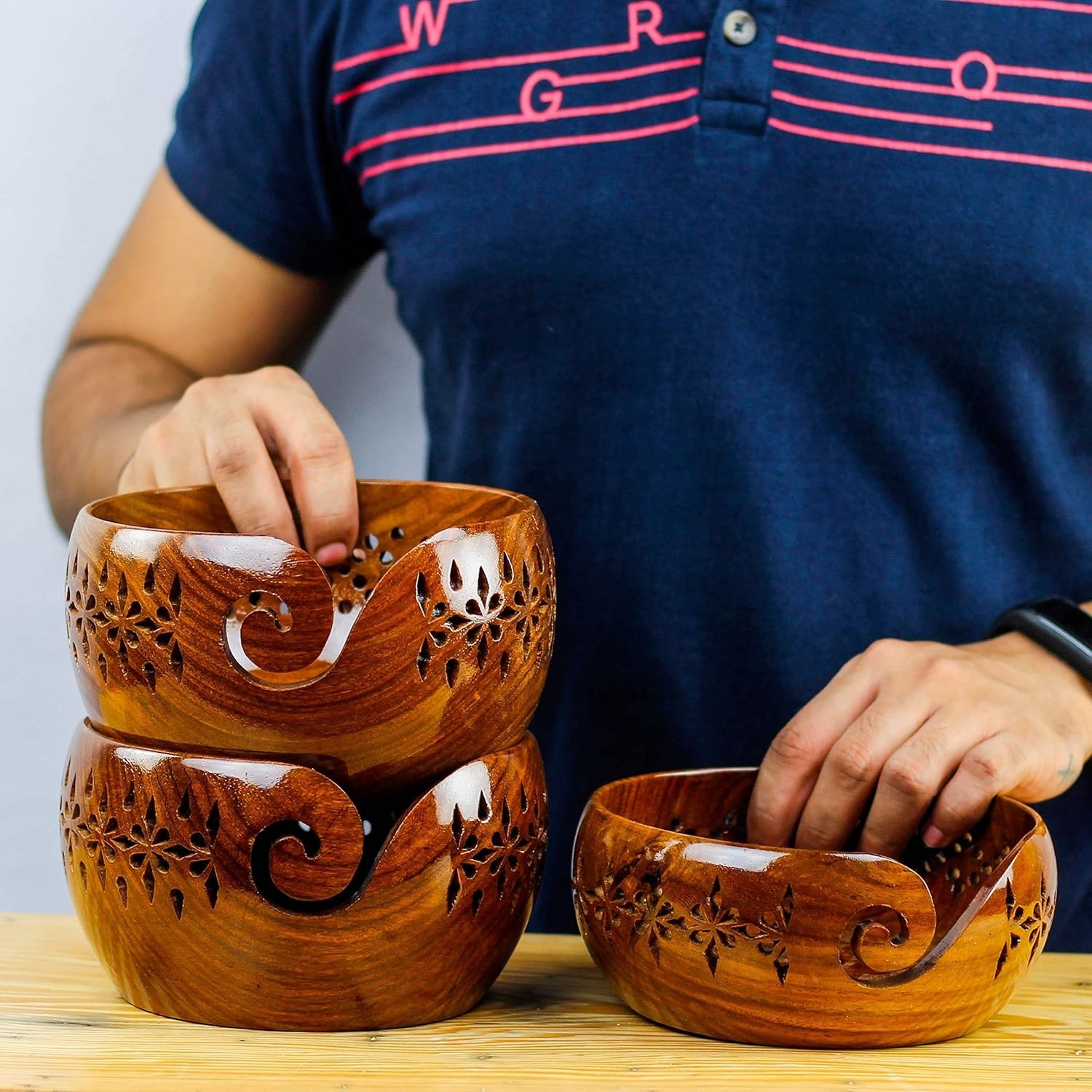 Authentic Rosewood Yarn Bowl Set with Deep Rich Finish for Knitting Accessories