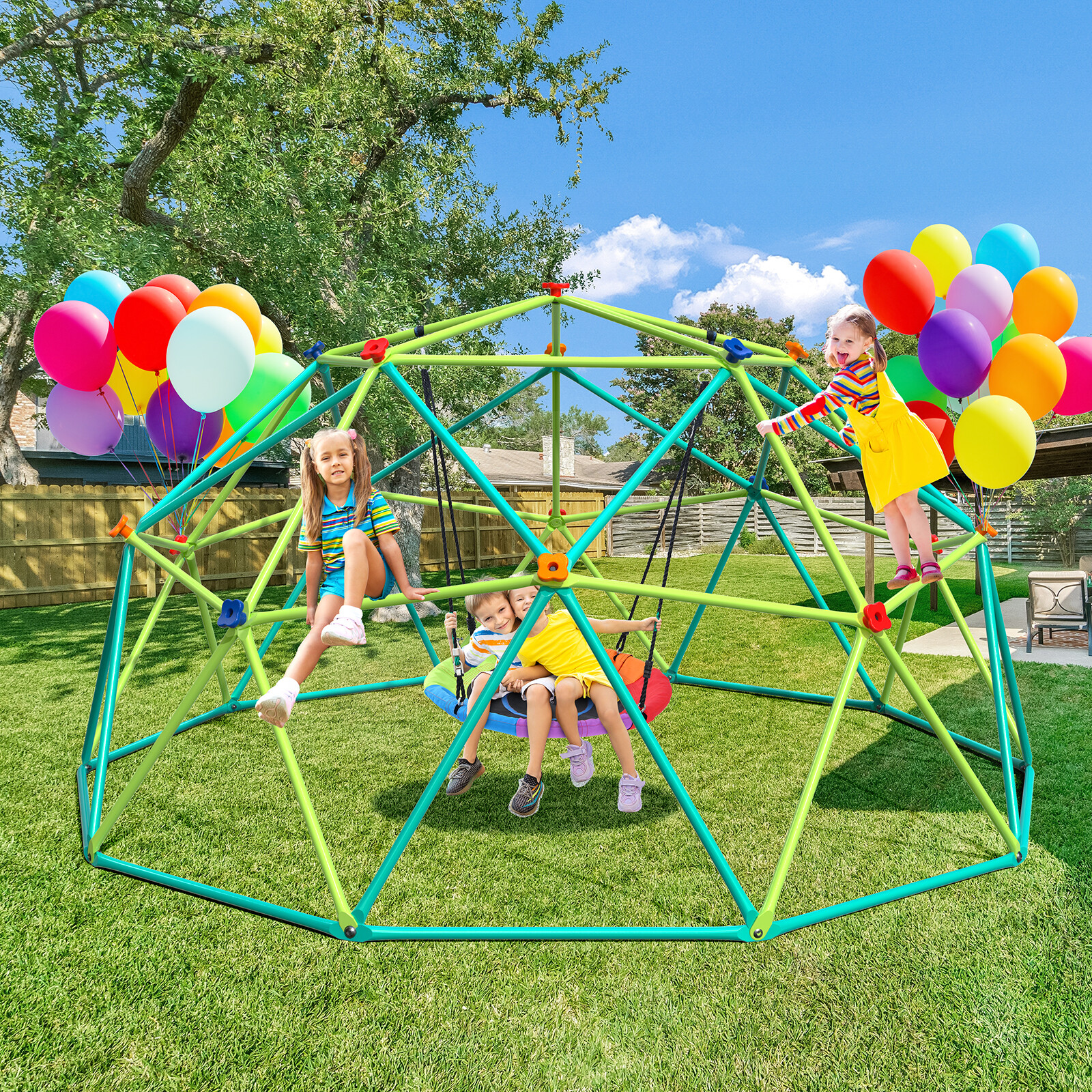 10FT Climbing Dome Jungle Gym with Saucer Swing Outdoor Kids Playset 800 lbs Max
