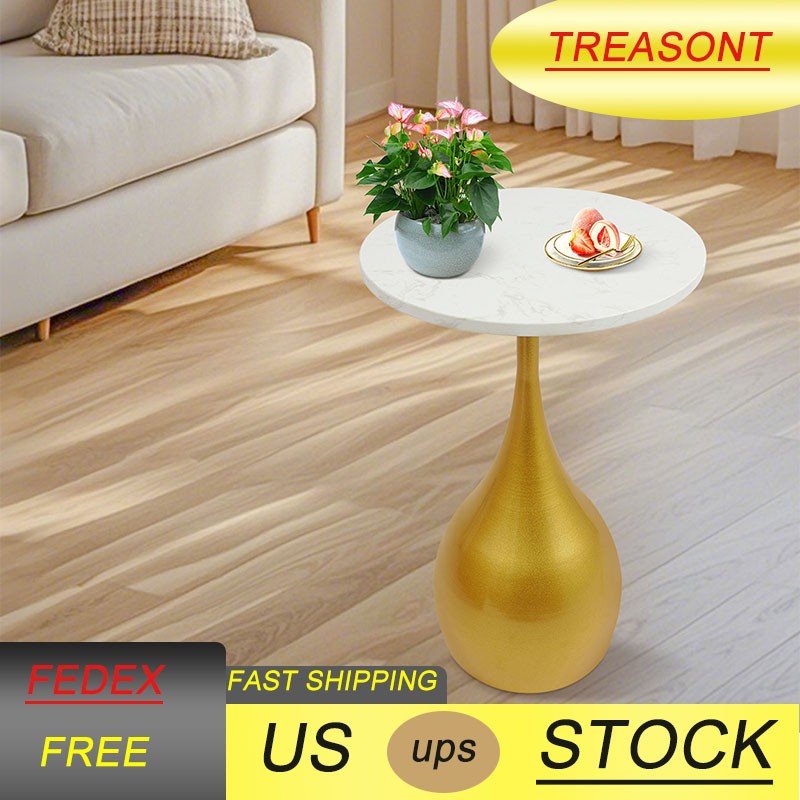 13.78 Inch Marble Sofa Side Table  Modern Round Accent Table For Small Spaces