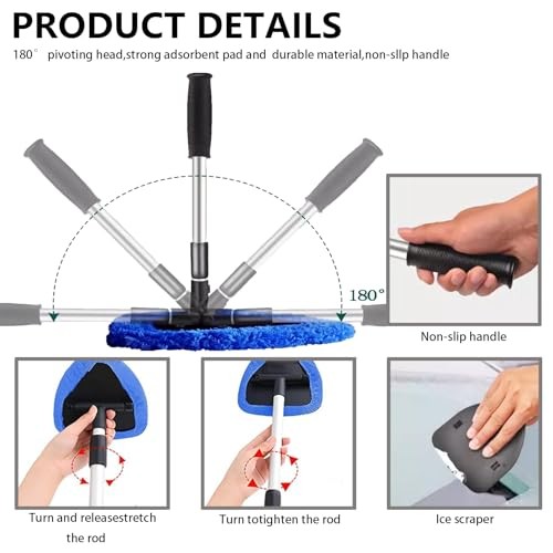 Car Windshield Cleaning Tools, Expandable Car Window Cleaner kit with 4 blue