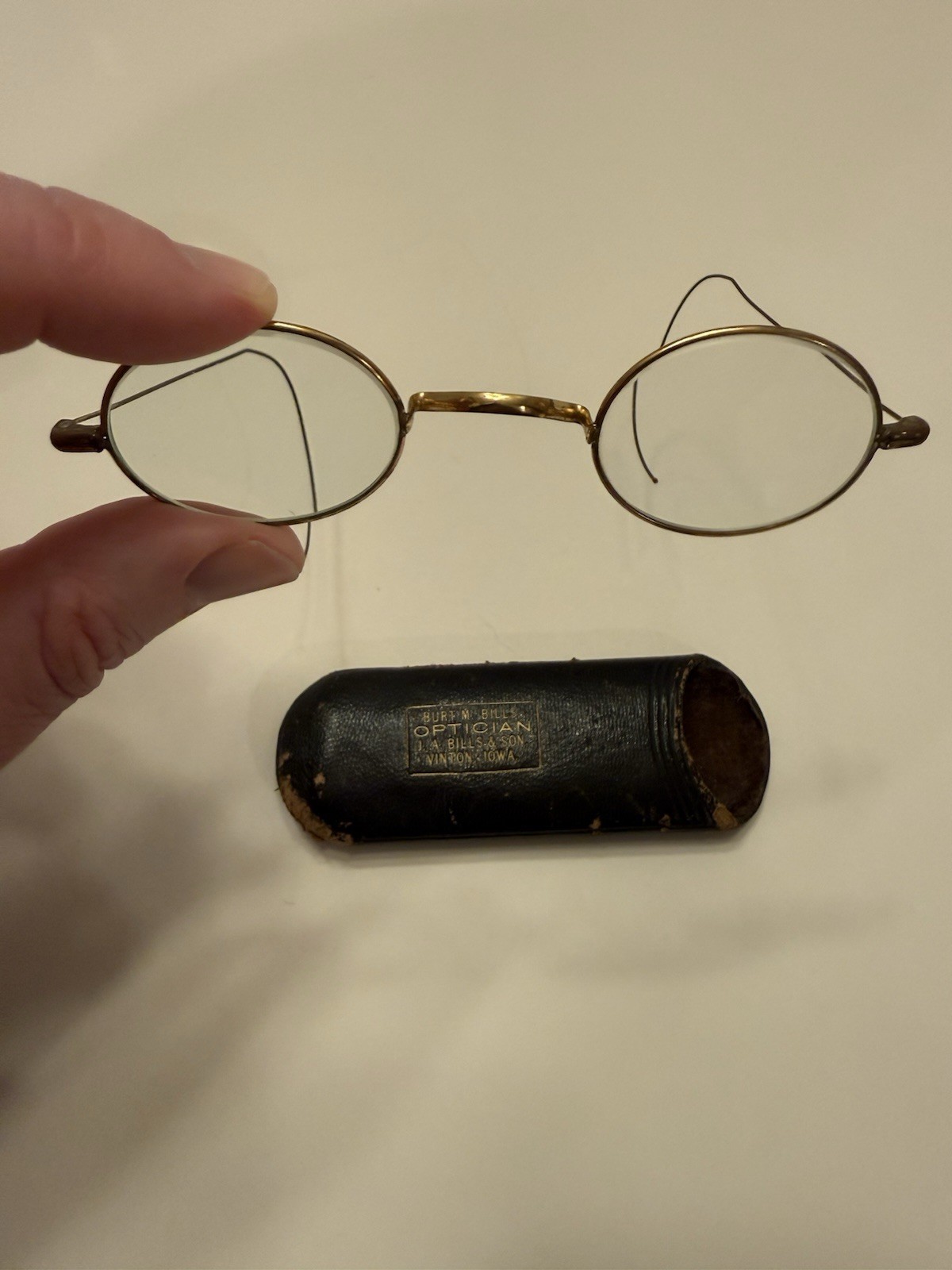 Antique Pince Nez Eyeglasses w Case Burt M Bills Optician Vinton Iowa c1900