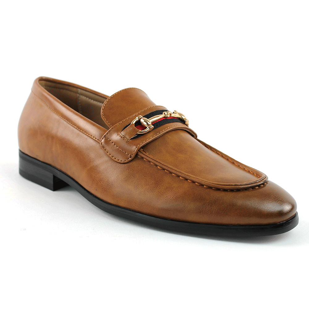 Men's Cognac Brown Slip On Gold Buckle Dress Shoes Loafers Formal By AZARMAN