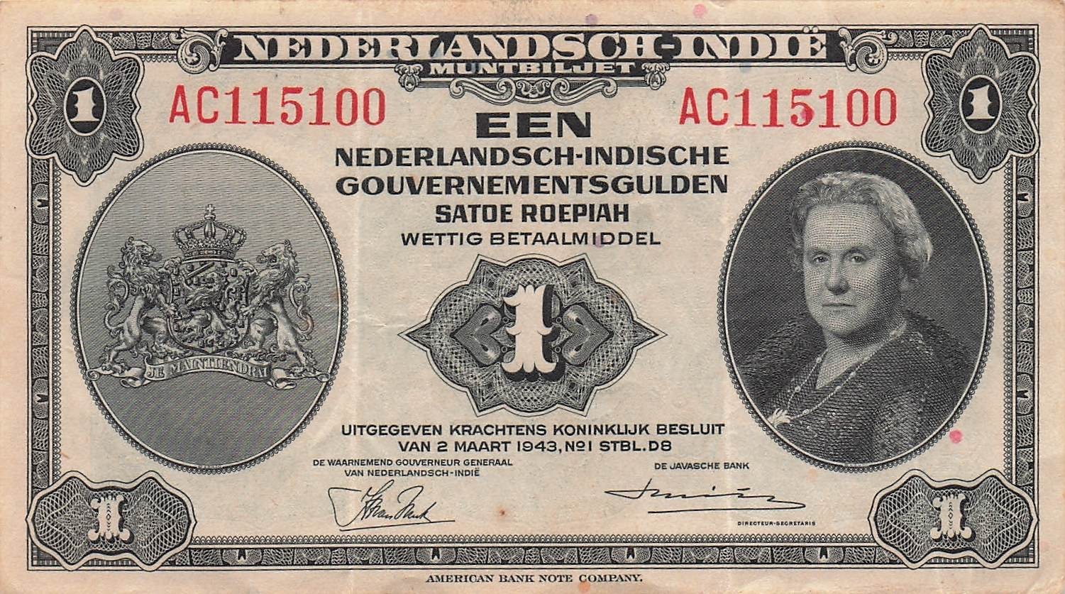 Netherlands Indies  1  Gulden  2.3.1943  Series  A C  Circulated Banknote CGTx