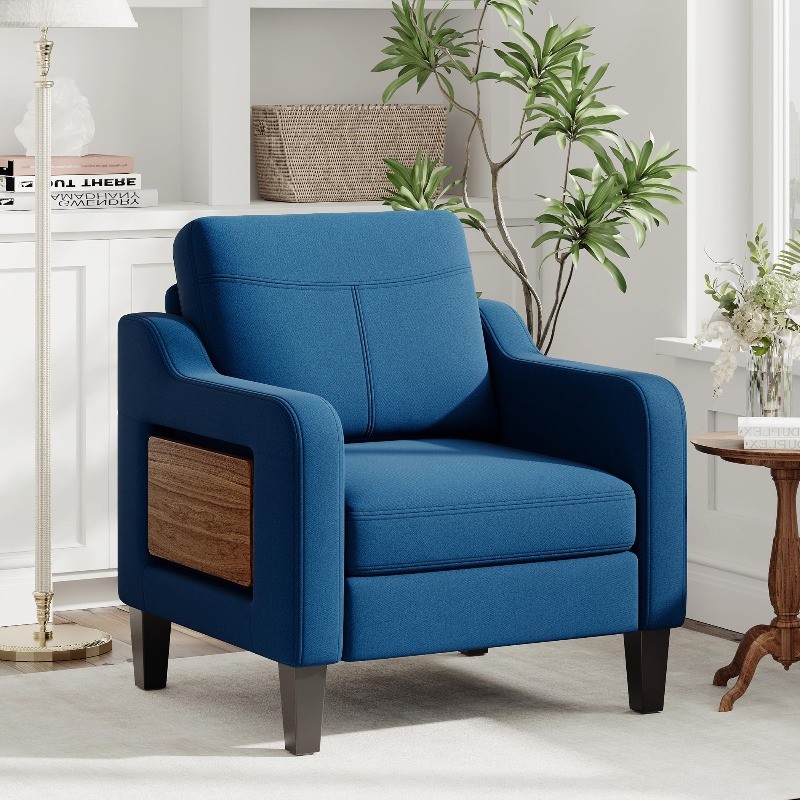 Living Room Modern Linen Upholstered Armchair Side Wooden Fabric Sofa Chair