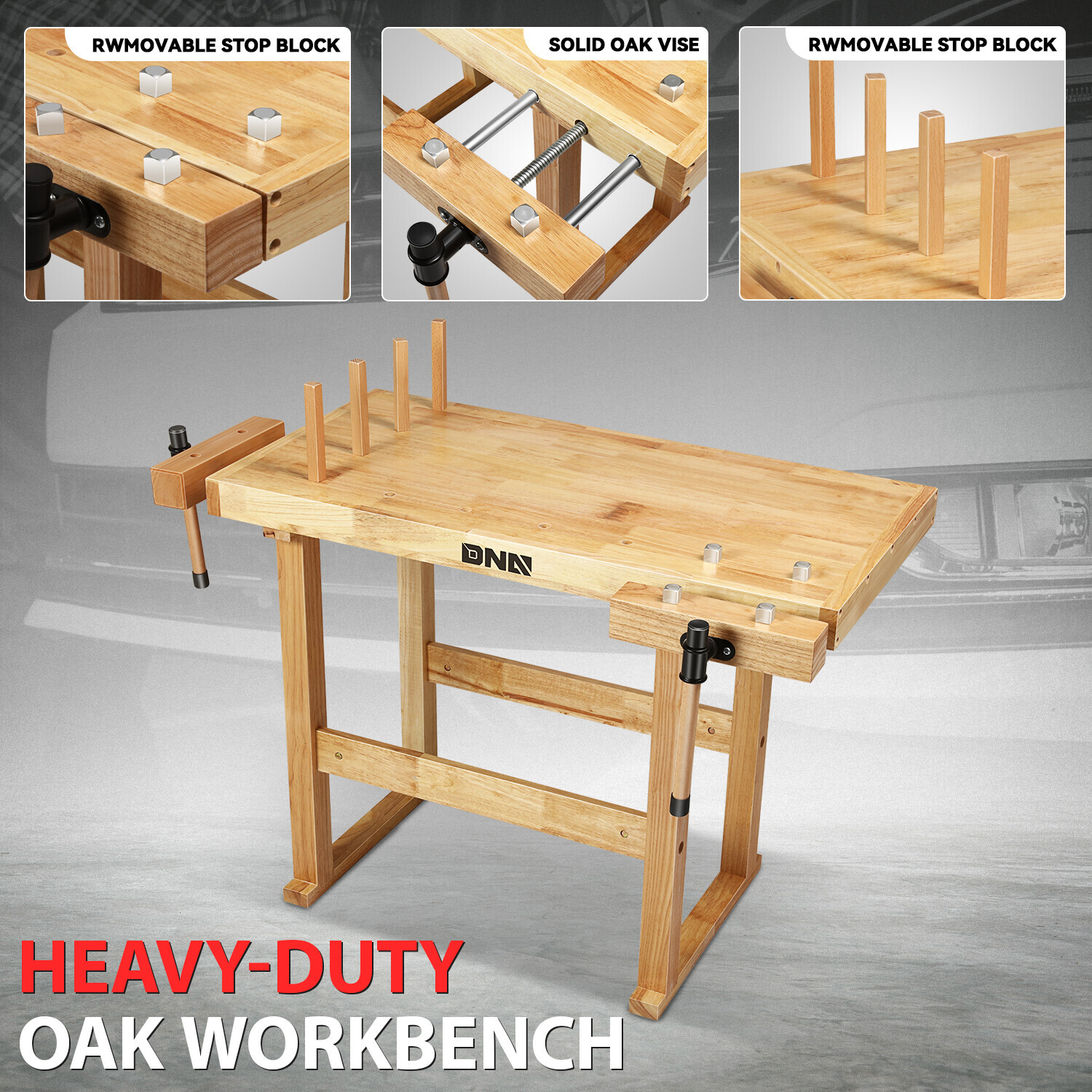 40" x 25" Heavy Duty Oak Plank Workbench Work Table w/ 2 Adjustable Handles