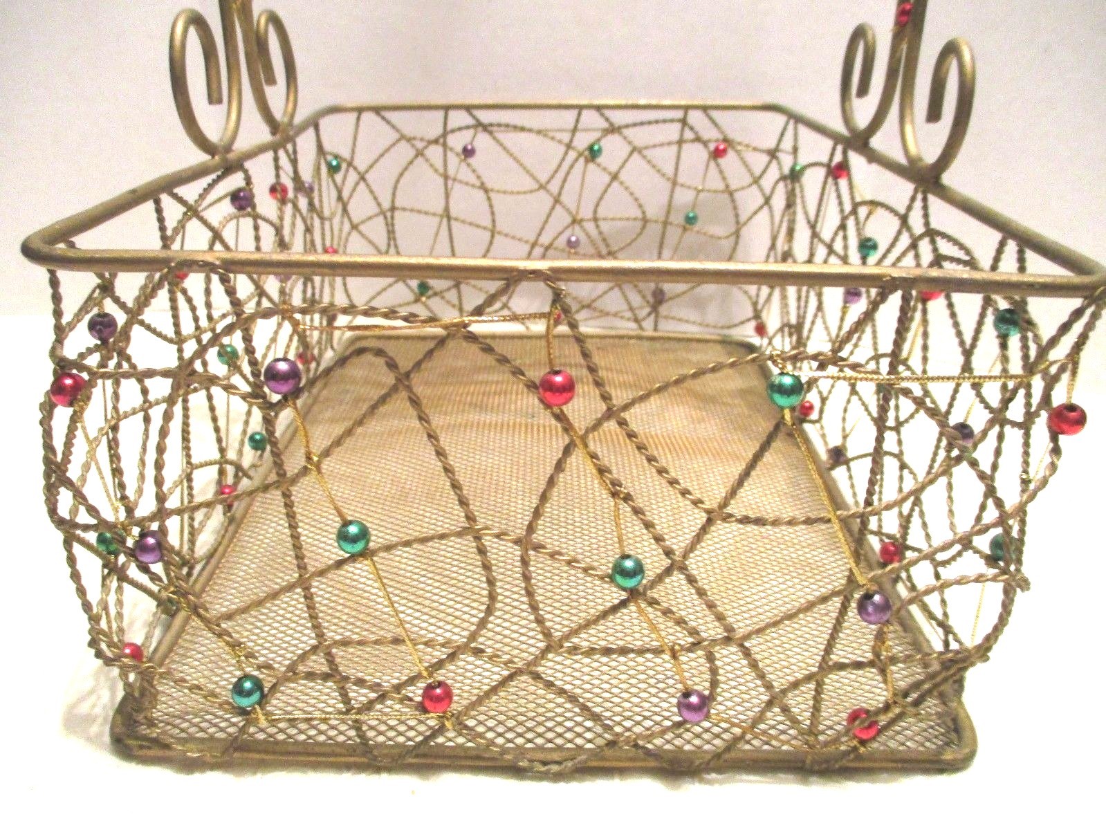 Gold Metal Rectangular Beaded Basket With Handle Open Scroll Weaved