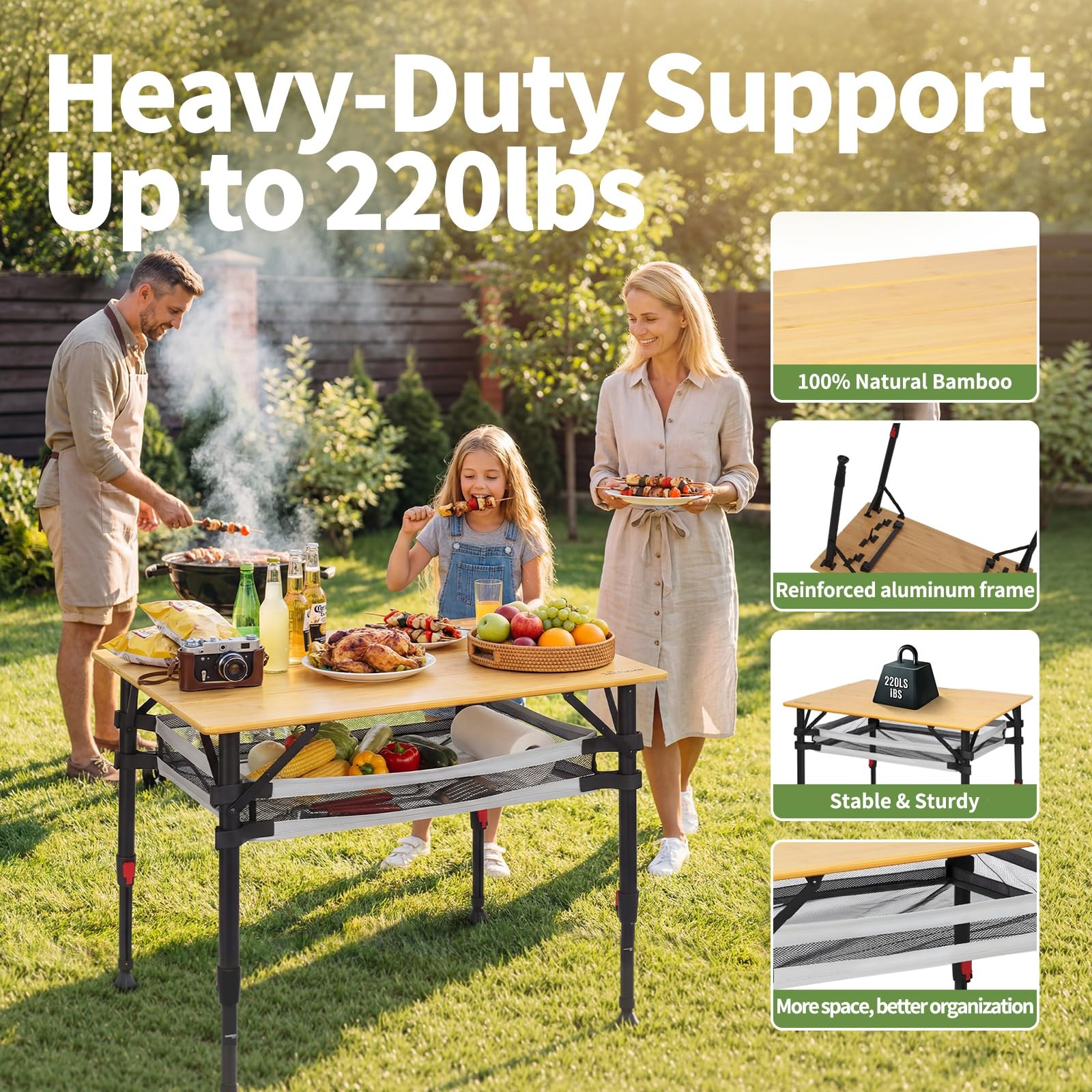 39.4'' Large Bamboo Camping Table, Adjustable Height Folding Outdoor Table wi...