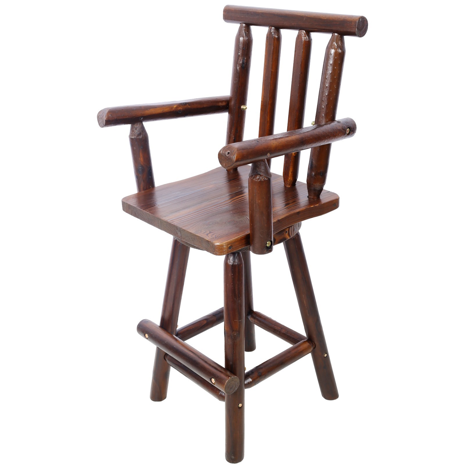 Rustic Fir Wood Bar Stool with Footrest & Wide Armrest, Brown