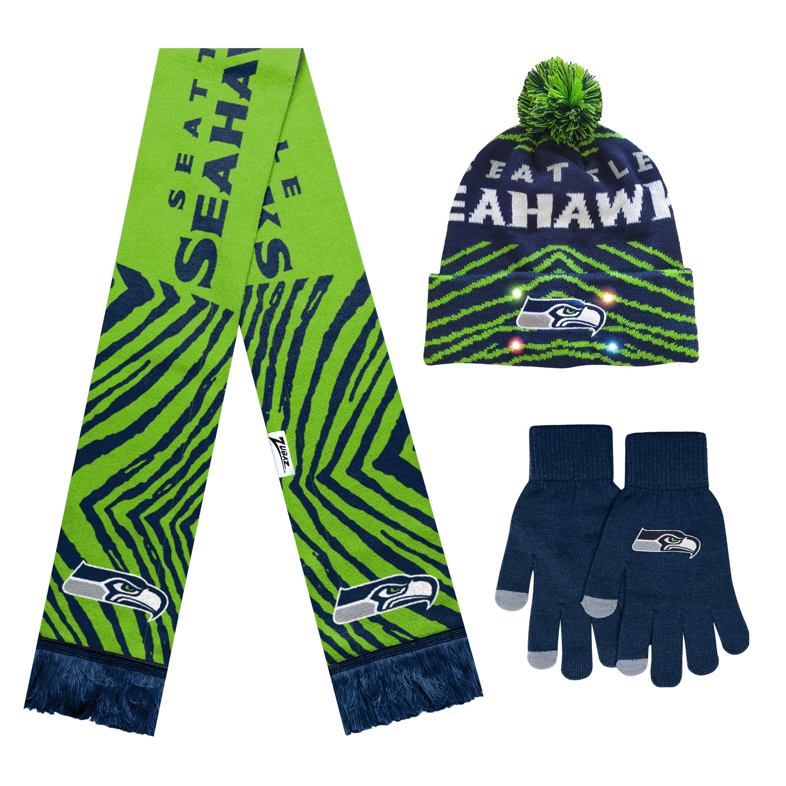 FOCO X Zubaz NFL 3 Pack Glove Scarf & Hat Outdoor Winter Set, Seattle Seahawks