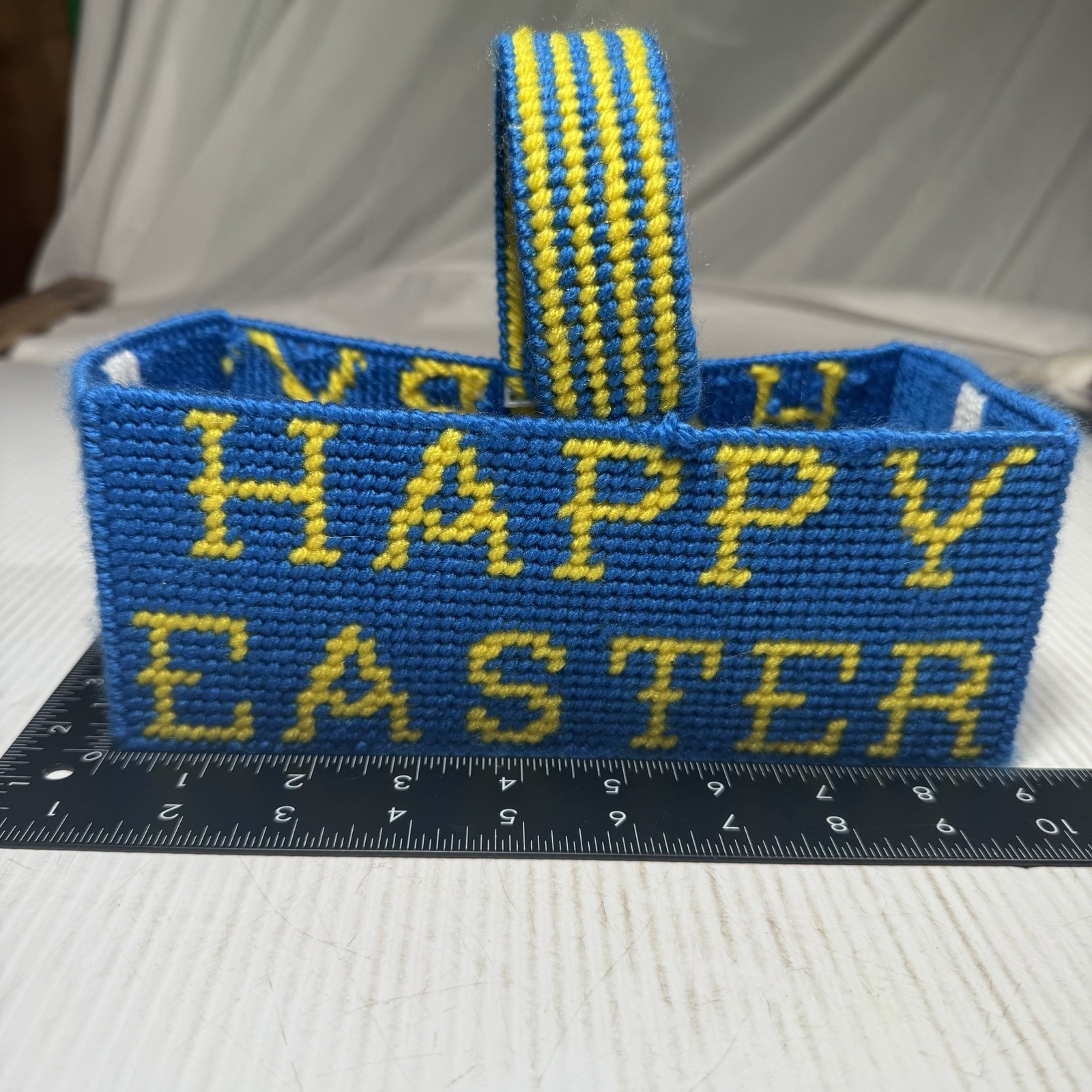 Vtg Handmade Blue Plastic Canvas Yarn Easter Basket 9”x4.75”x 8”