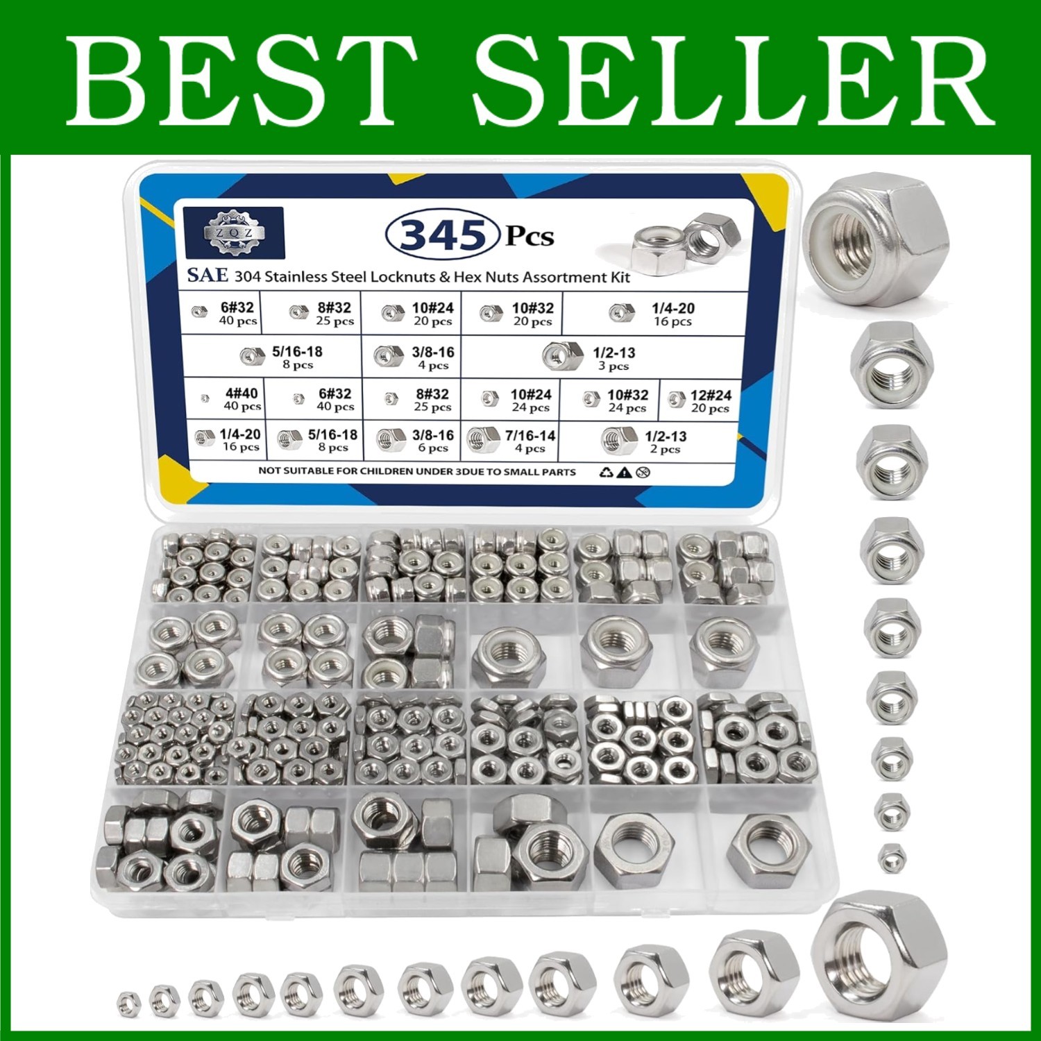 Stainless Steel Lock & Hex Nut Assortment, 345 pcs