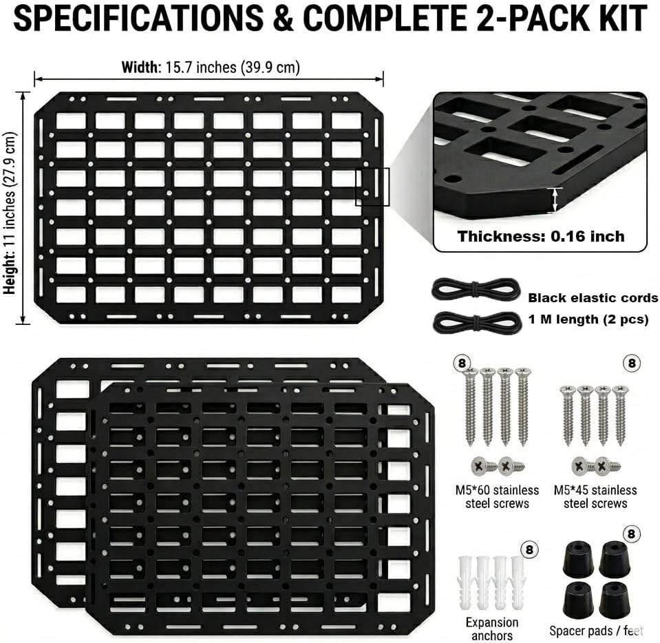 Rigid MOLLE Panel Wall Mount Organizer ABS 15.7x11 Inch Modular Storage Rack