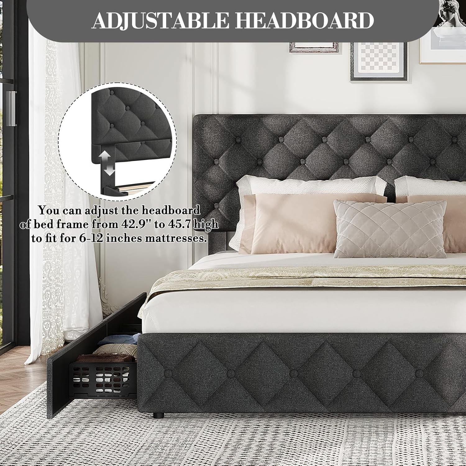 Full Size Bed Frame with Diamond Button Tufted and 4 Storage Drawers for Bedroom