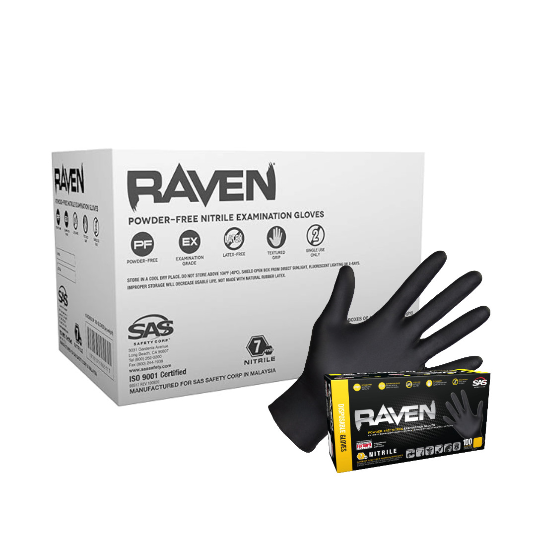 SAS Raven Black Nitrile Gloves Powder Free 7mil (10/Boxes of 100) (Large)