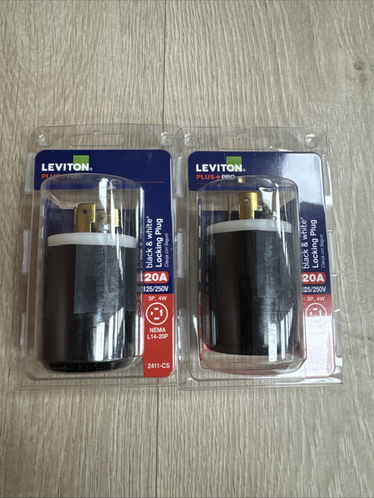 Lot of 2 Leviton 2411 20 Amp, 125/250 Volt, NEMA L14-20P, 3P, 4W, Locking Plug