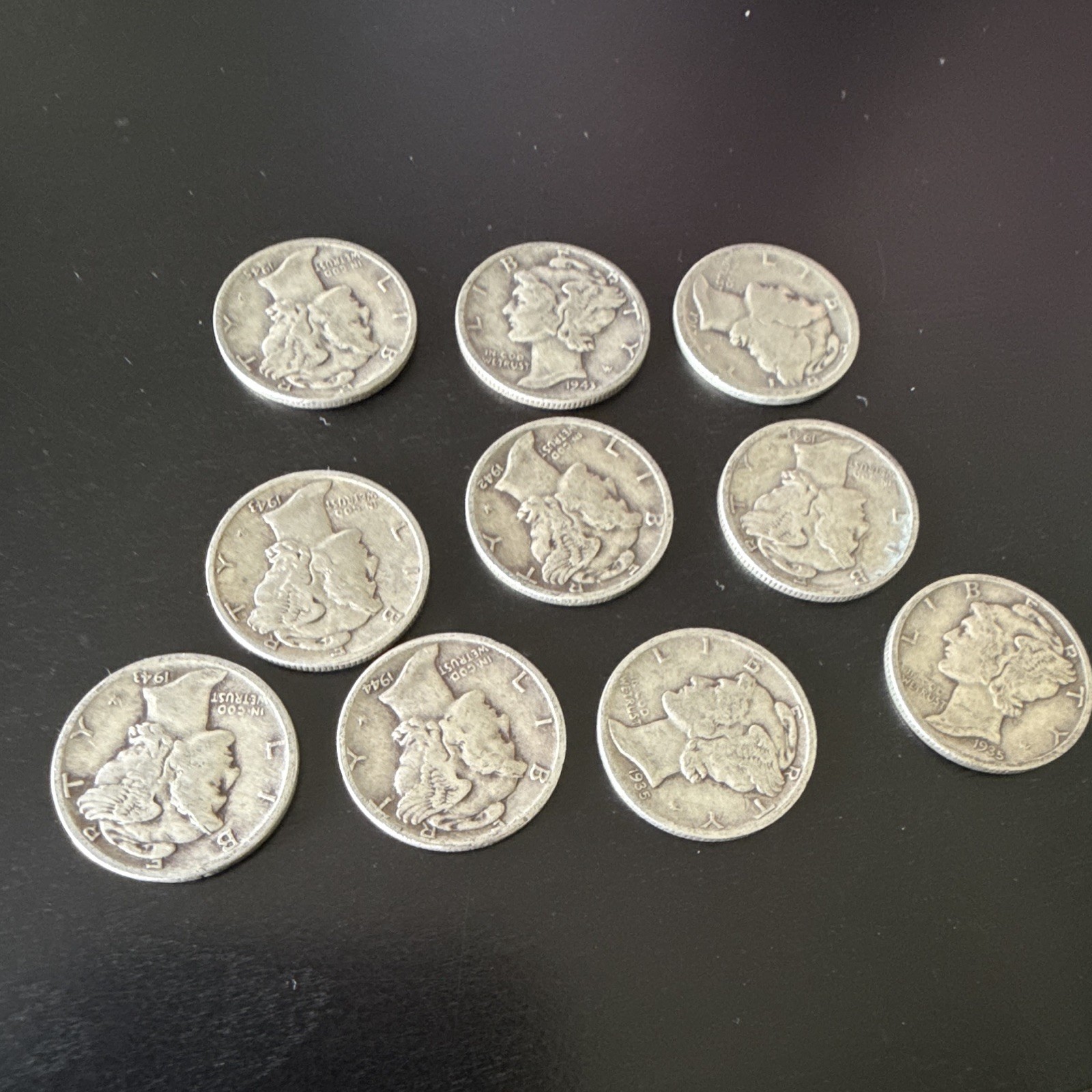 Lot of 10 Mercury Dime 10C Silver Business Strike .900 Fine varied years