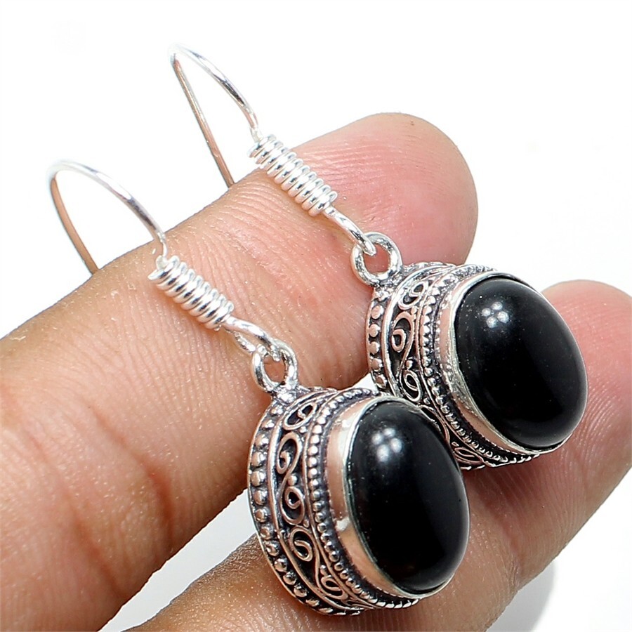 Black Onyx Gemstone Handmade 925 Sterling Silver Jewelry  Earring Sz 1.2"