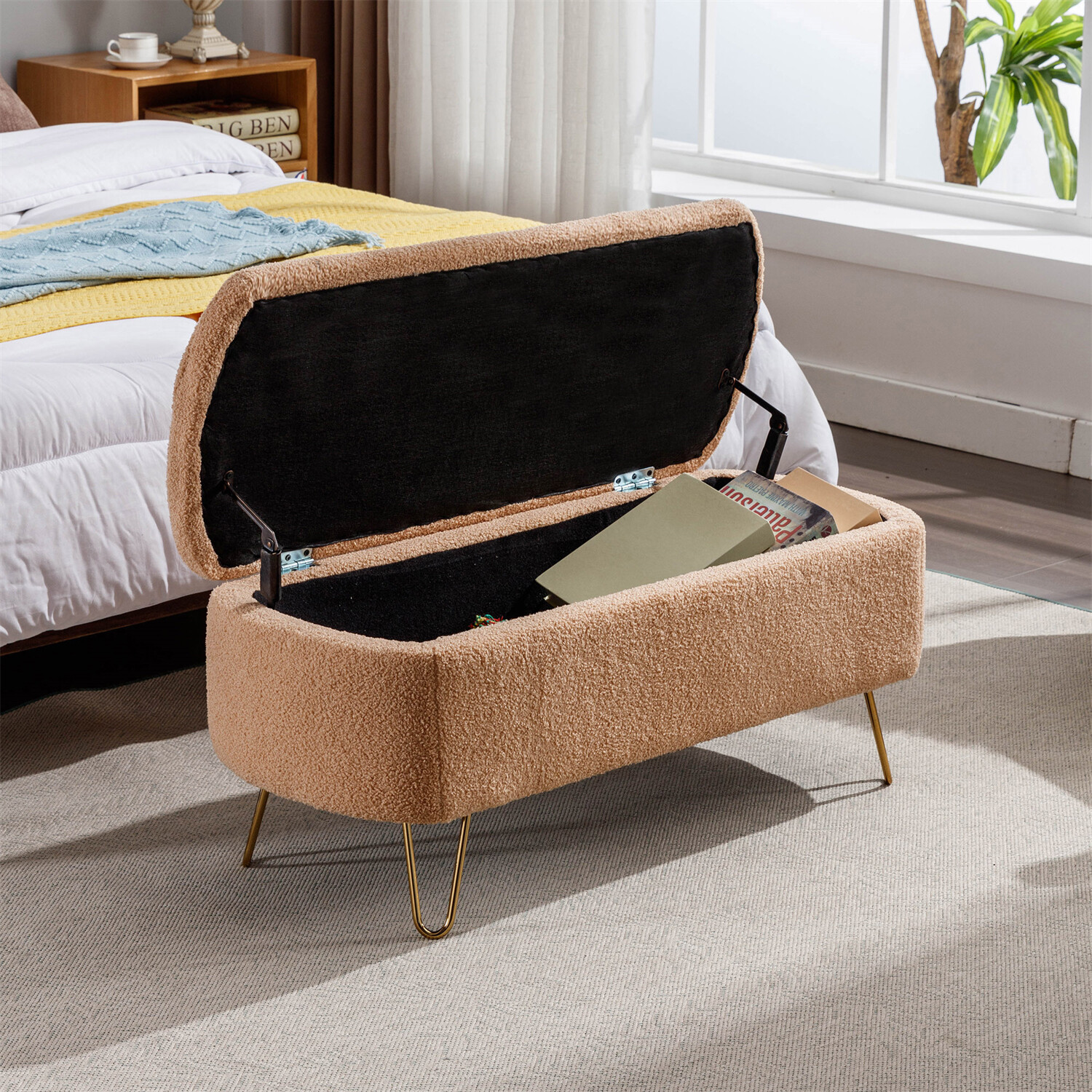 39in Storage Bench Faux Fur Upholstered Ottoman for End of Bed Footstools US