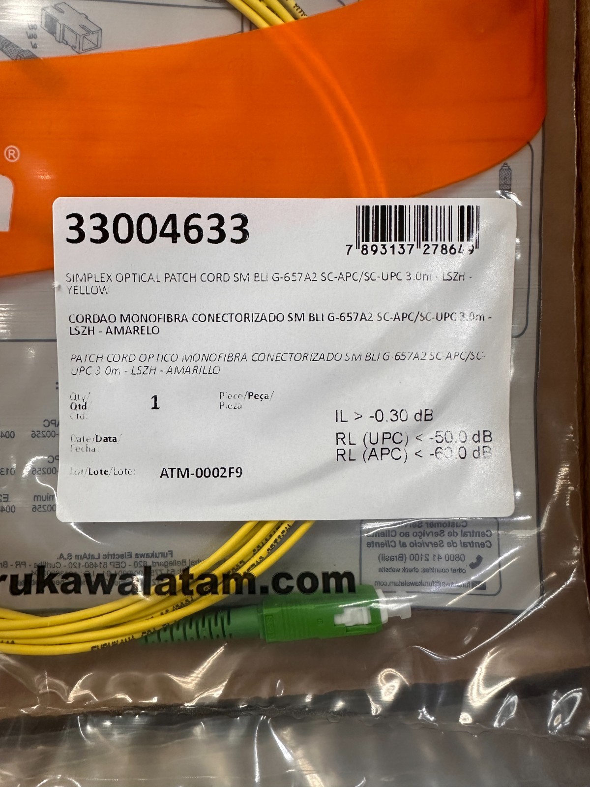 Furukawa Electric G-657A2, 3 meter Simplex Optical Patch Cord