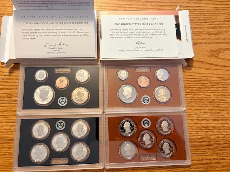 2018 Proof Sets, 1 each Clad & Rev Silver, COA, original boxes, 20 Coins total
