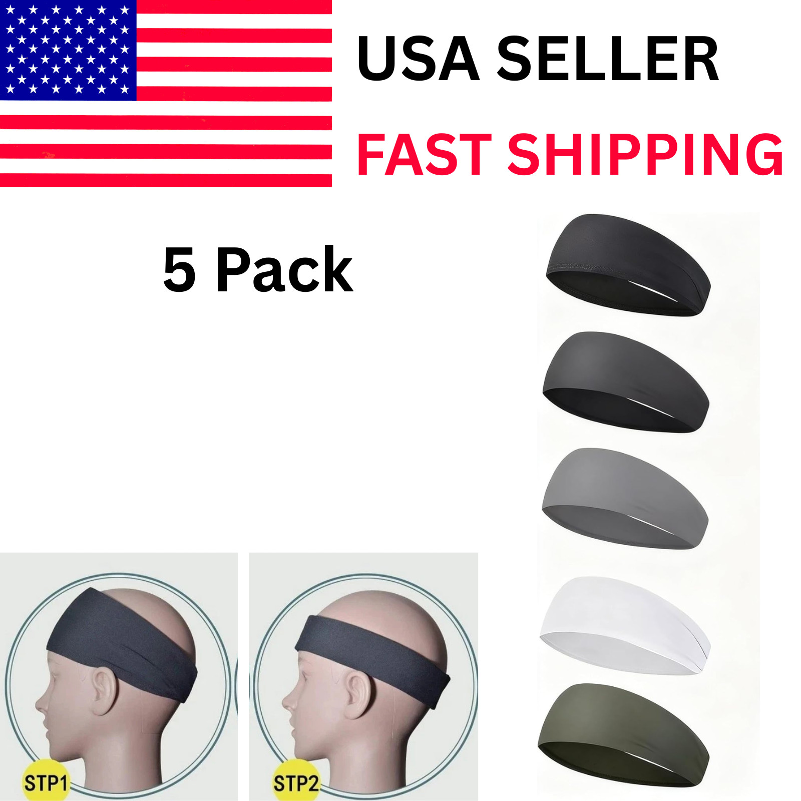 5 Pack Sports Headbands for Men & Women, Moisture Wicking Workout Sweatbands US