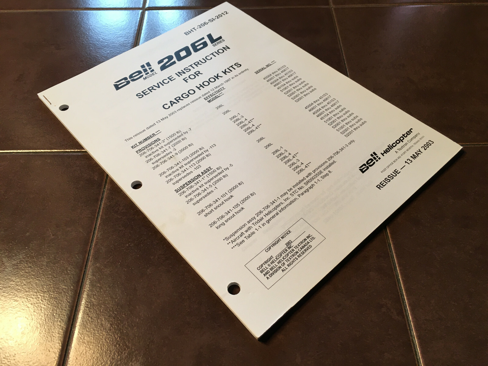 Bell 206L Cargo Hook Kits Service Instruction Manual