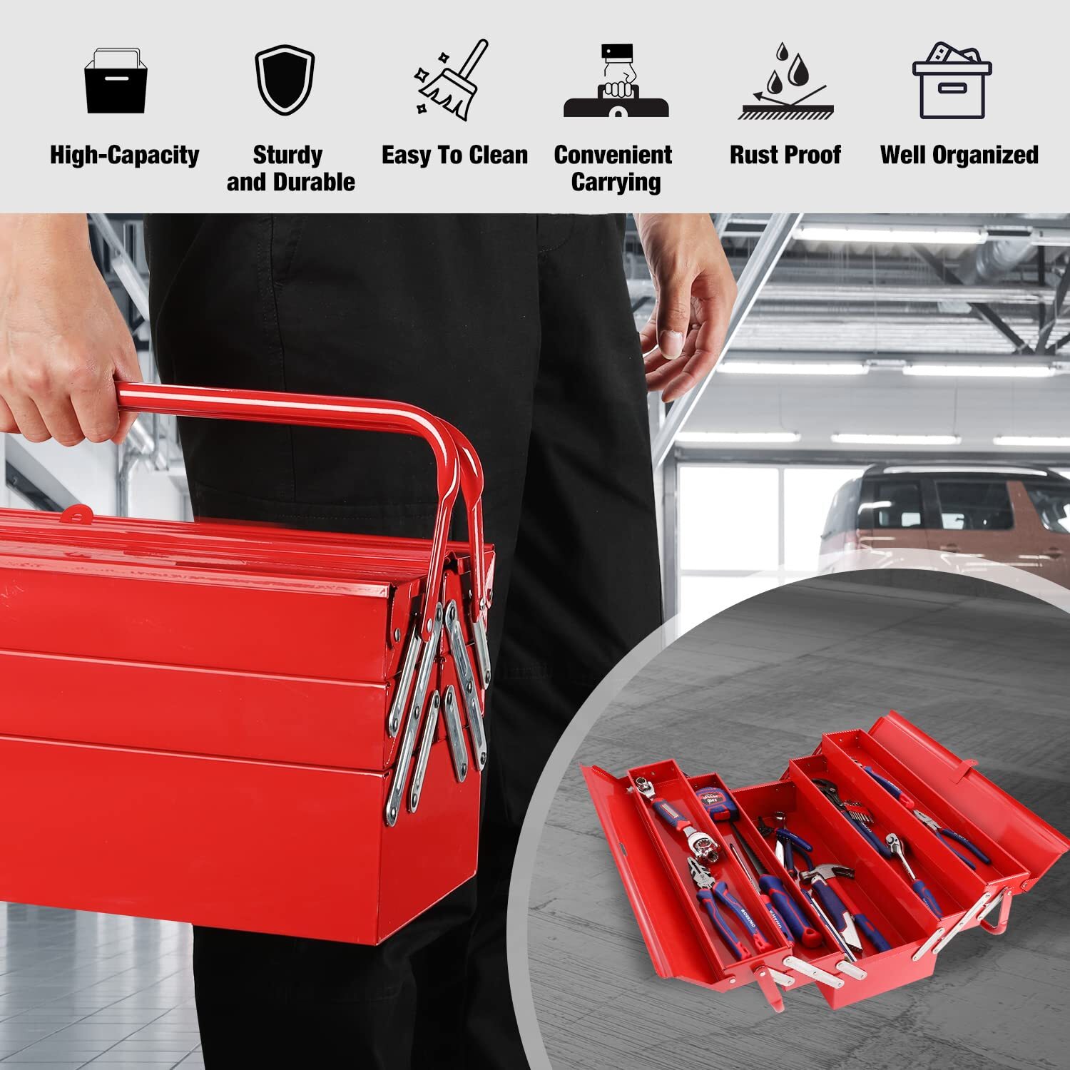 WORKPRO Metal Tool Box 18'' Cantilever Folding Red Storage Box 3-Layer 5-Tray