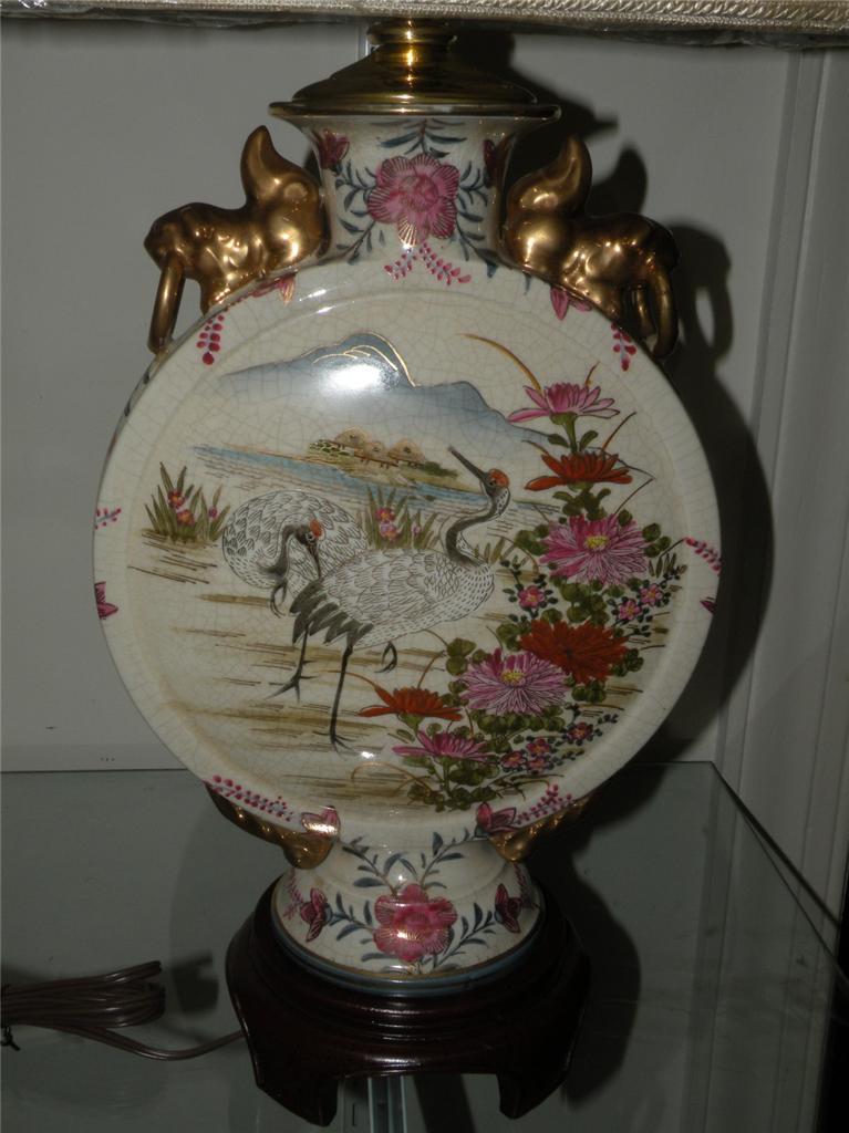 PORCELAIN MOON VASE LAMP ORIENTAL SCENE DESIGNER LAMPSHADE NEW UNUSED