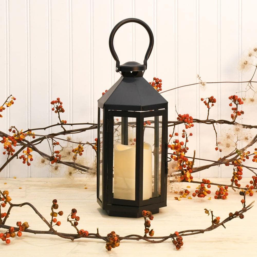 6 In. X 12 In. Hexagon Metal Lantern with LED Candle