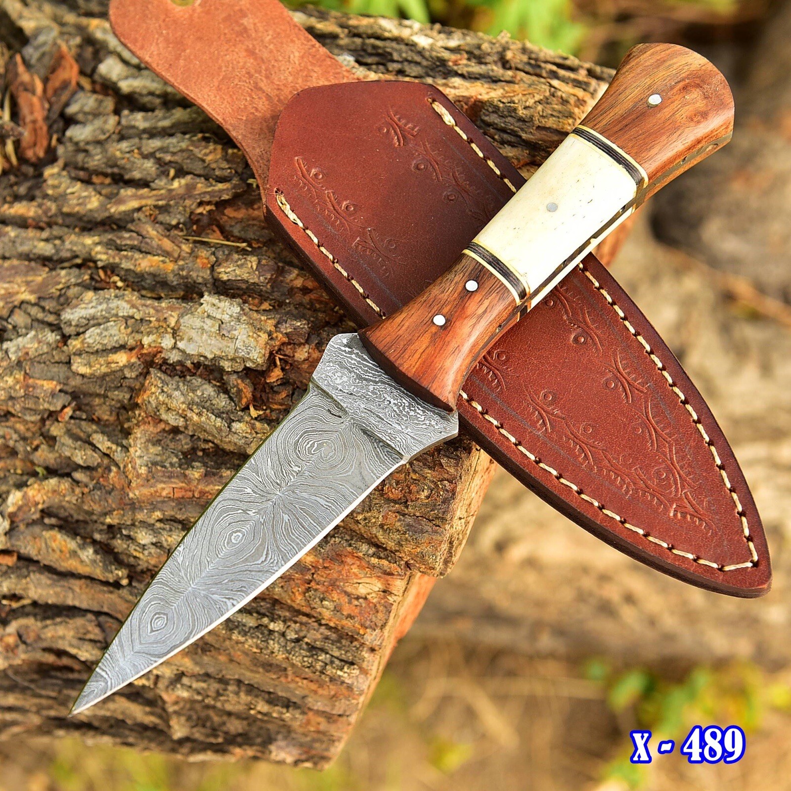 Double-Edged Damascus steel Hunting Dagger boot Knife Camel Bone & Wood Handle