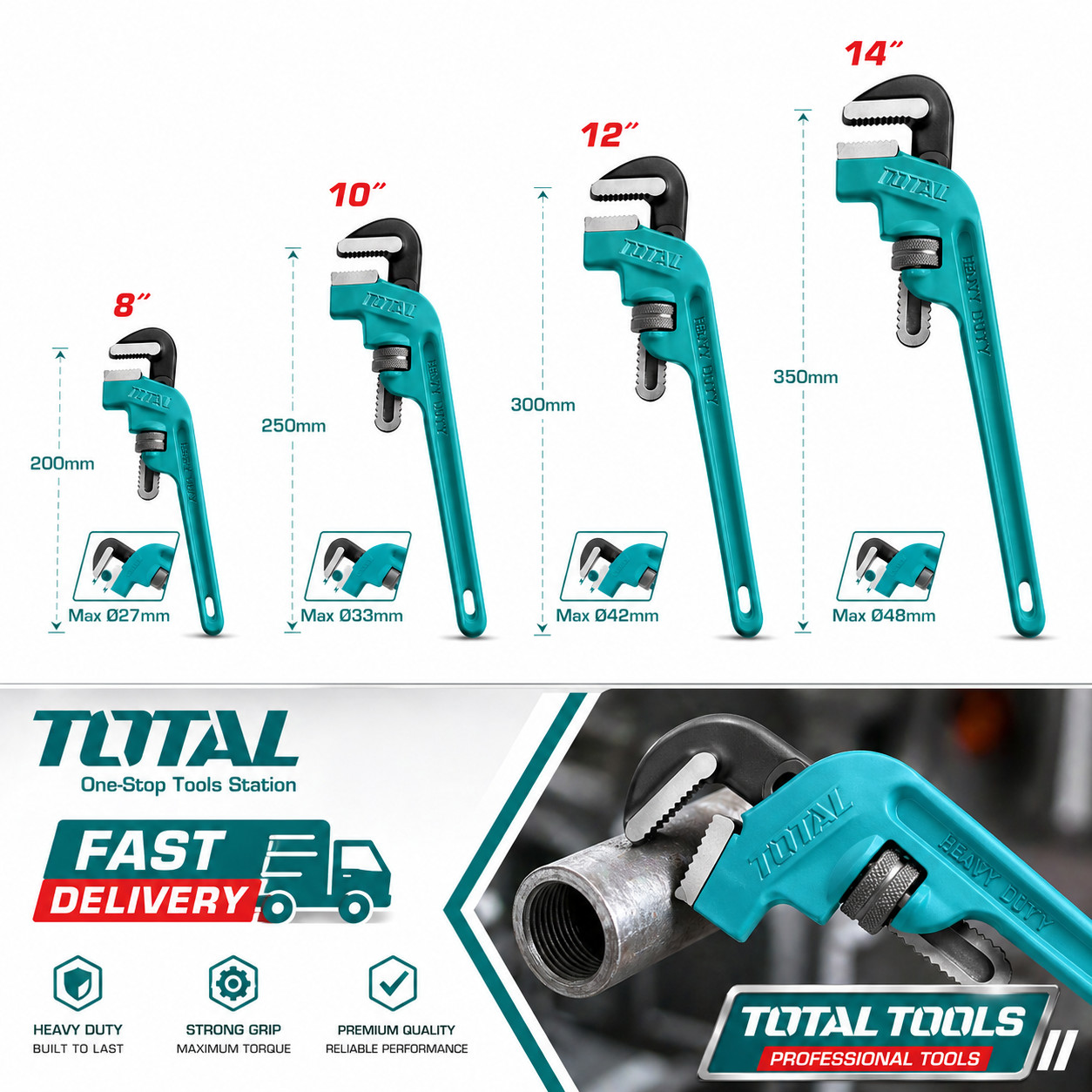 TOTAL Heavy Duty Pipe Wrench Set 8 10 12 14 Inch Adjustable Plumbing Tool