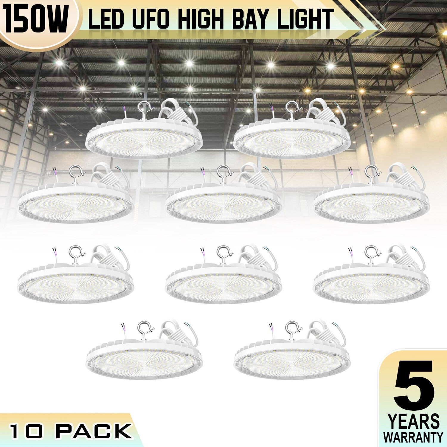 10Pack 150W LED UFO High Bay Light Dimmable Warehouse Shop Lamp Fixture 22500 LM