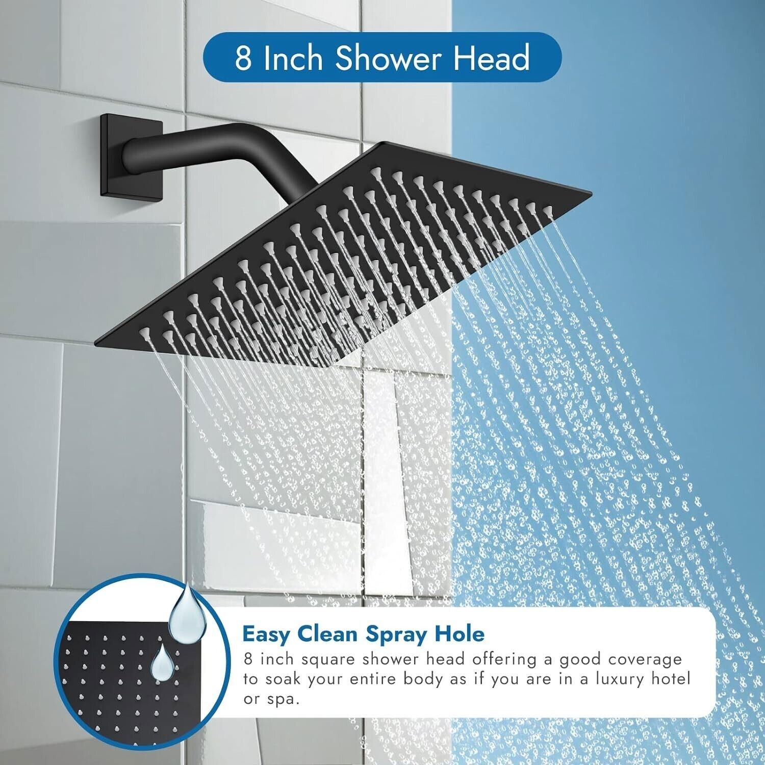 Black Shower Faucet Set 8"Rainfall Shower Head Combo System with Mixer Valve Kit