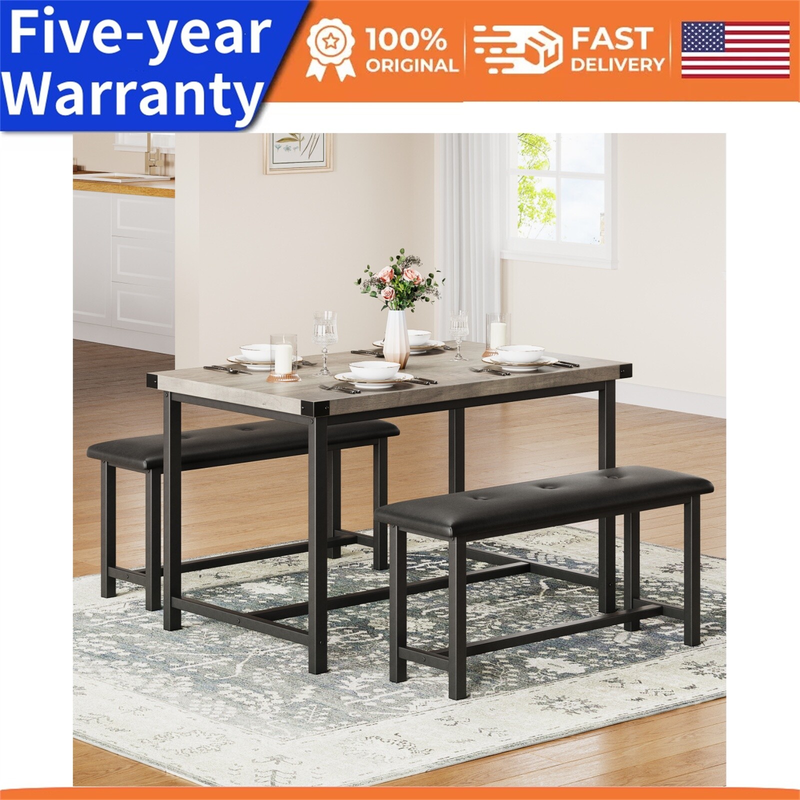 ⭐☑️4PCS Kitchen Table Set with 2 Benches Dining Table Set with Upholstered Bench